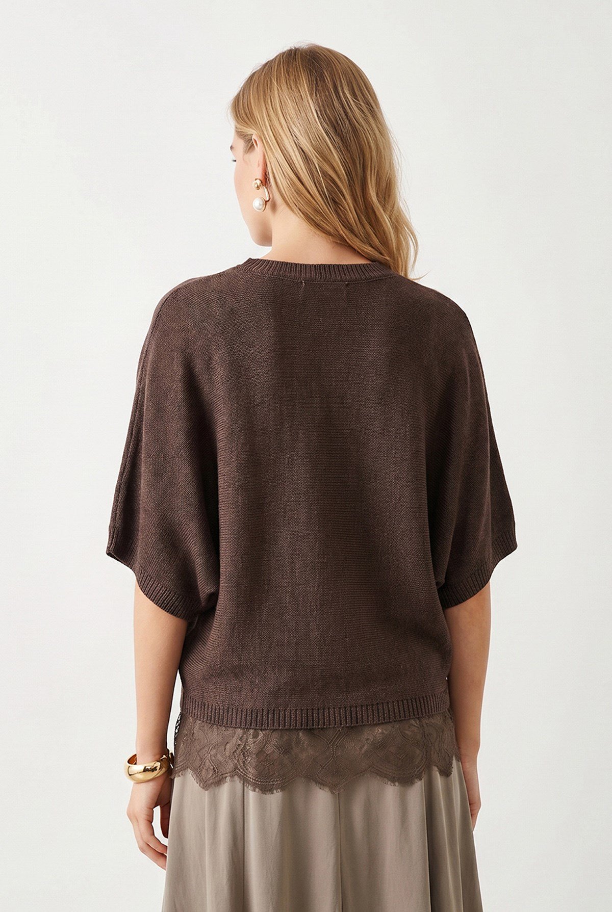 Bisiklet Yaka Dantel Detaylı Loose Fit Triko Bluz Kahverengi