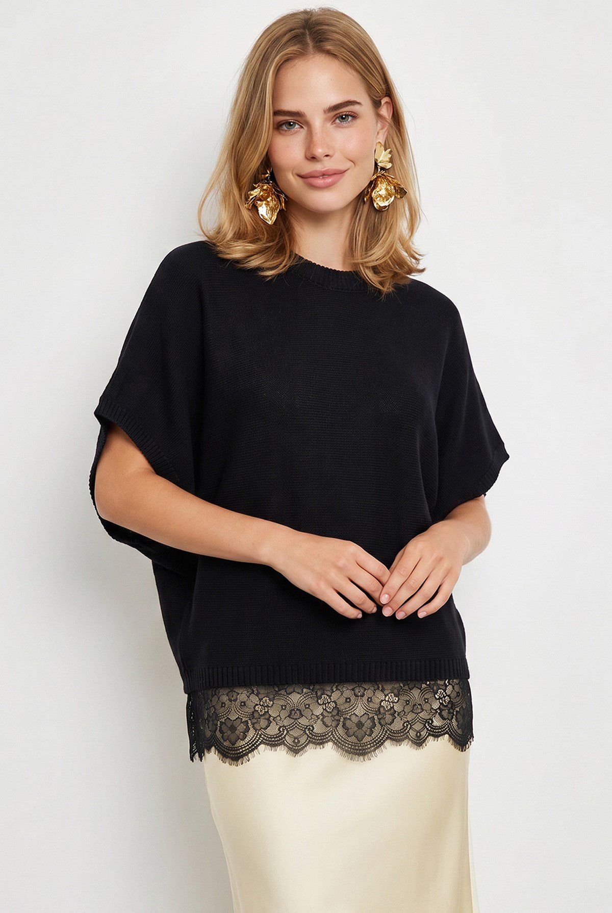 Bisiklet Yaka Dantel Detaylı Loose Fit Triko Bluz Siyah