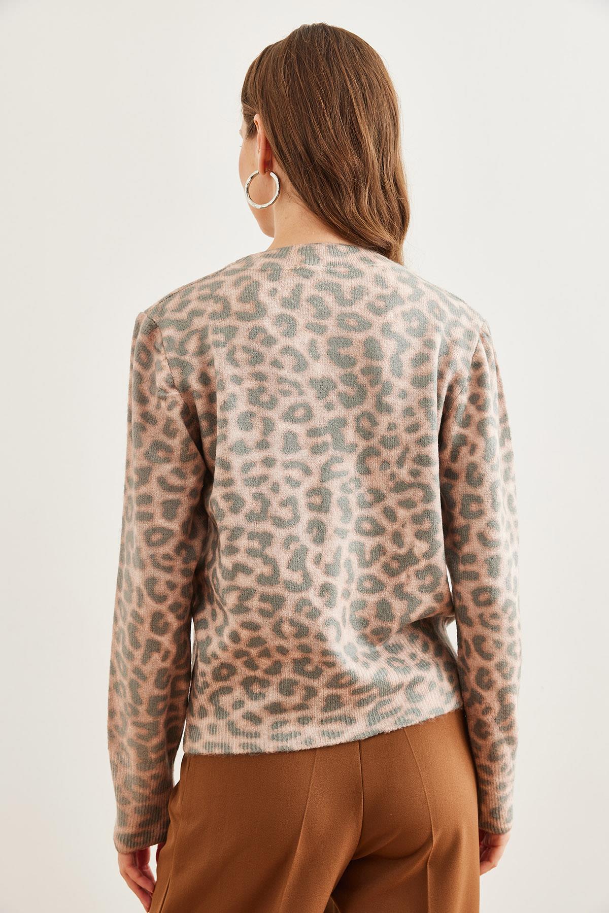 Bisiklet Yaka Desenli Yumuşak Dokulu Premium Triko Kazak Mint Leopar