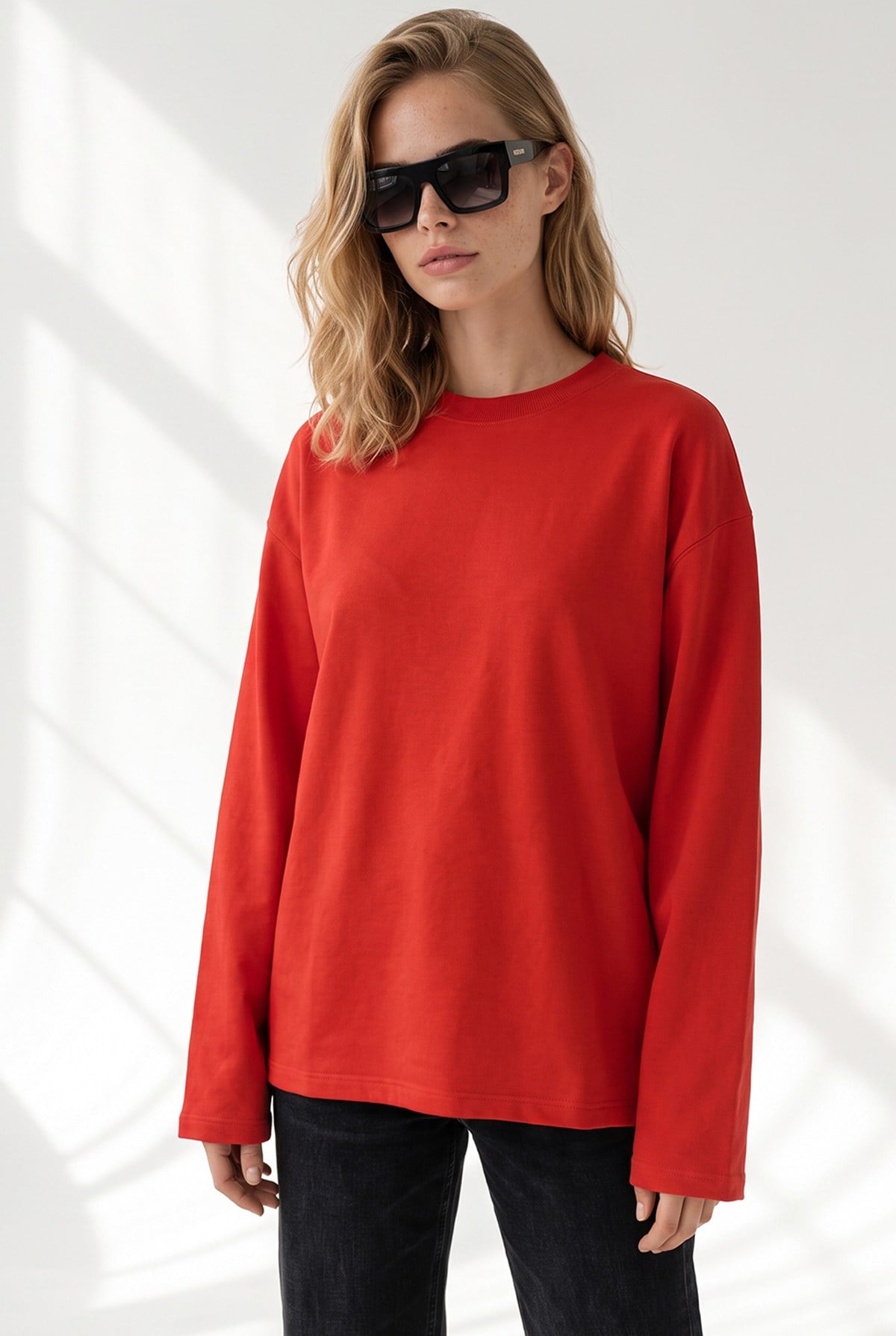 Bisiklet Yaka İspanyol Kol İnce Sweatshirt Kırmızı