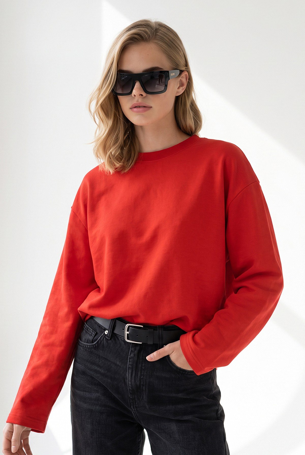 Bisiklet Yaka İspanyol Kol İnce Sweatshirt Kırmızı
