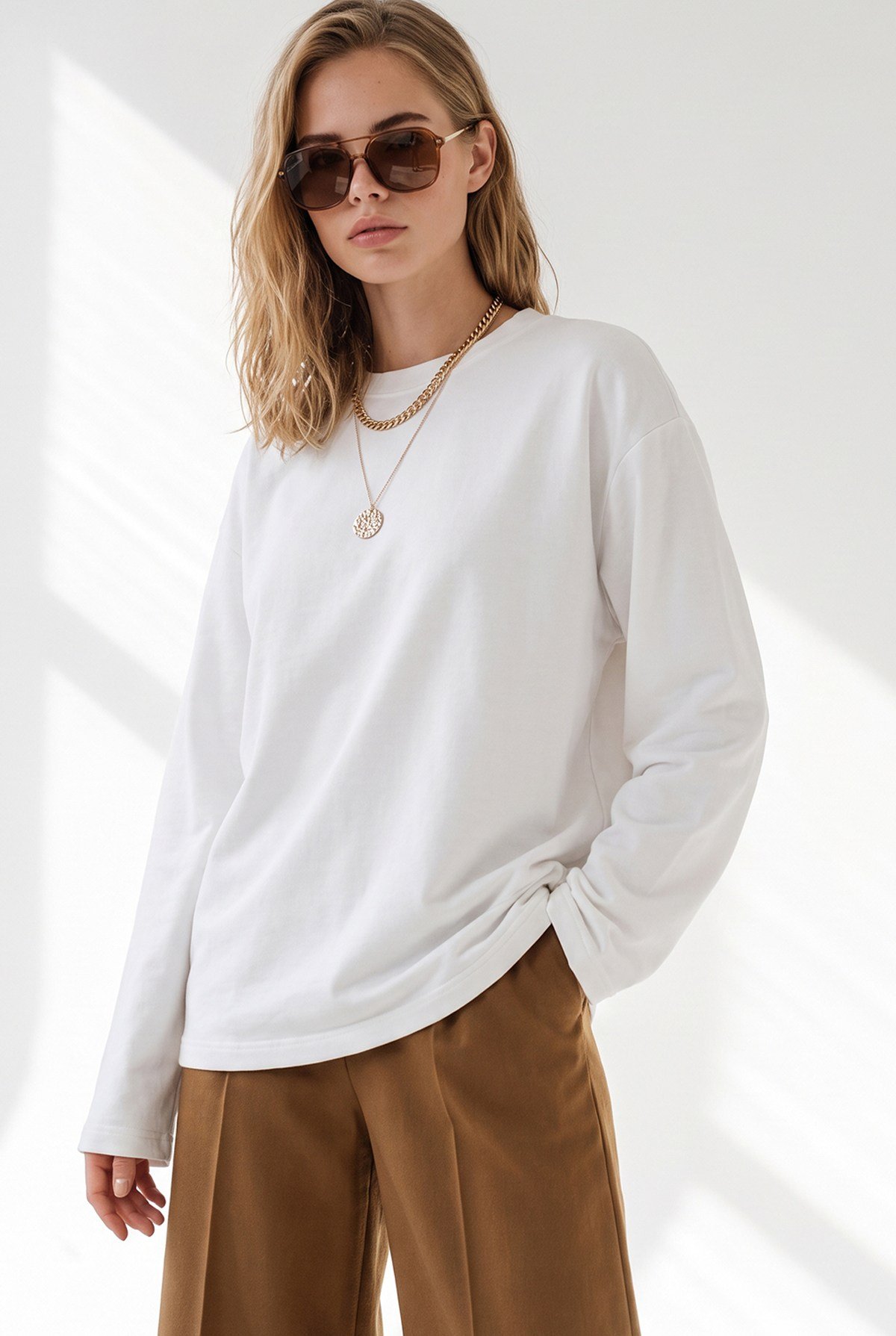 Bisiklet Yaka İspanyol Kol İnce Sweatshirt Beyaz