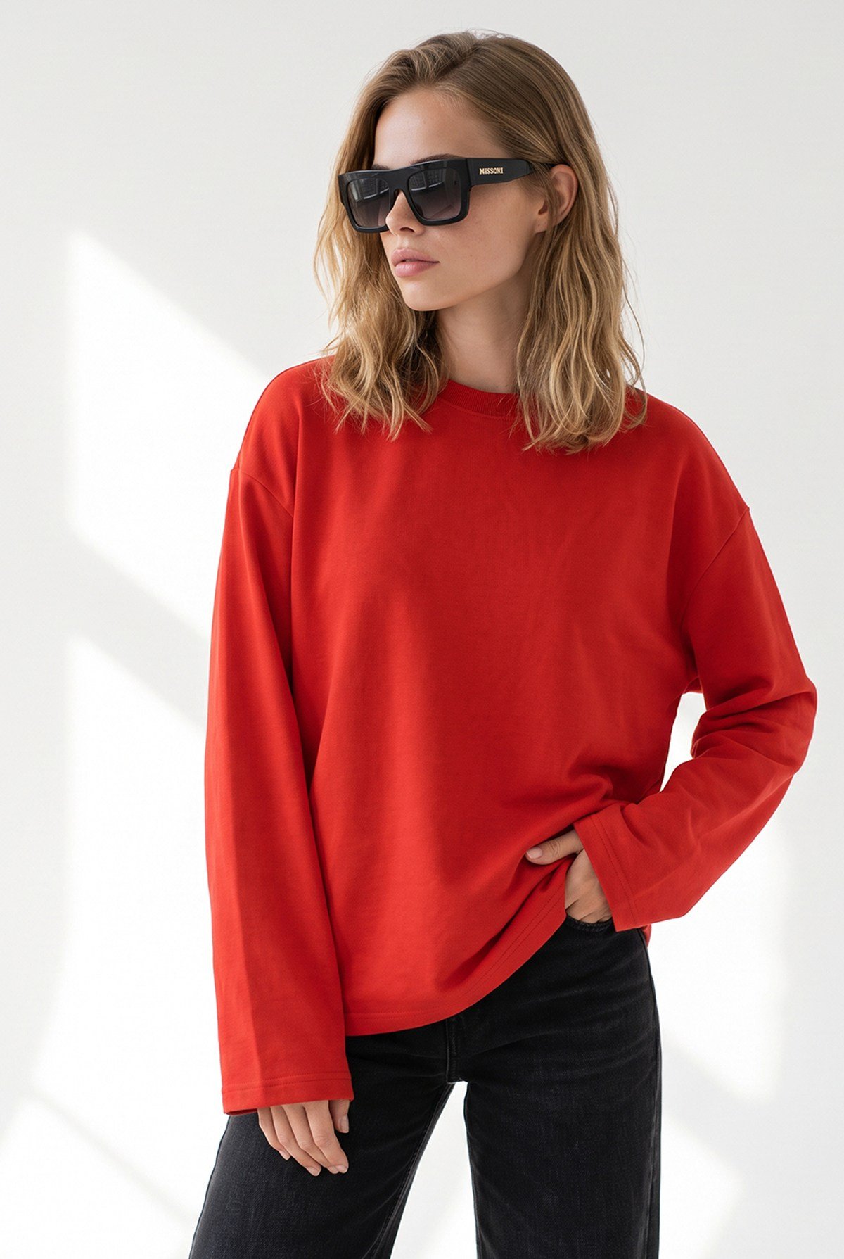 Bisiklet Yaka İspanyol Kol İnce Sweatshirt Kırmızı