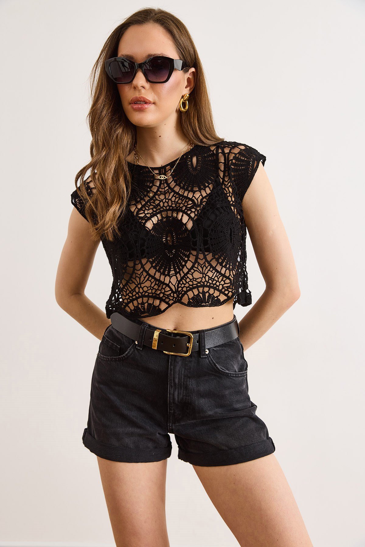 Bisiklet Yaka Kroşe Crop Triko Bluz Siyah