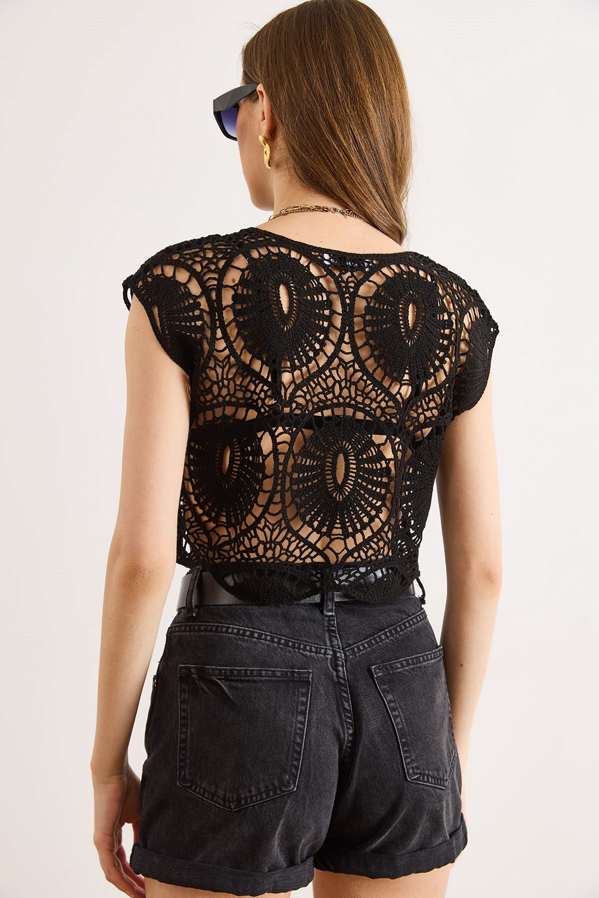 Bisiklet Yaka Kroşe Crop Triko Bluz Siyah