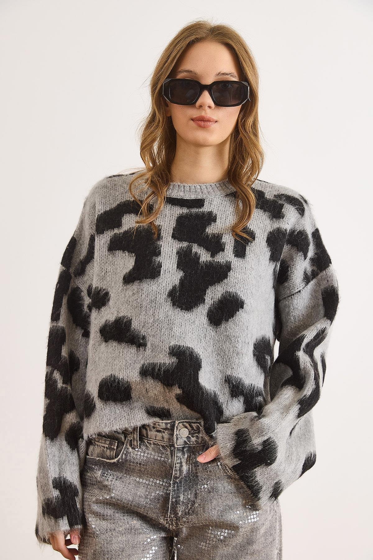 Bisiklet Yaka Leopar Crop Triko Kazak Gri