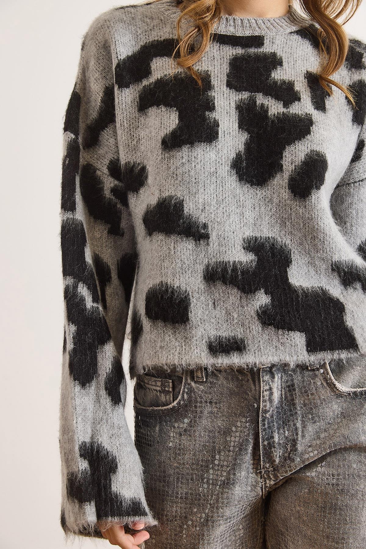 Bisiklet Yaka Leopar Crop Triko Kazak Gri