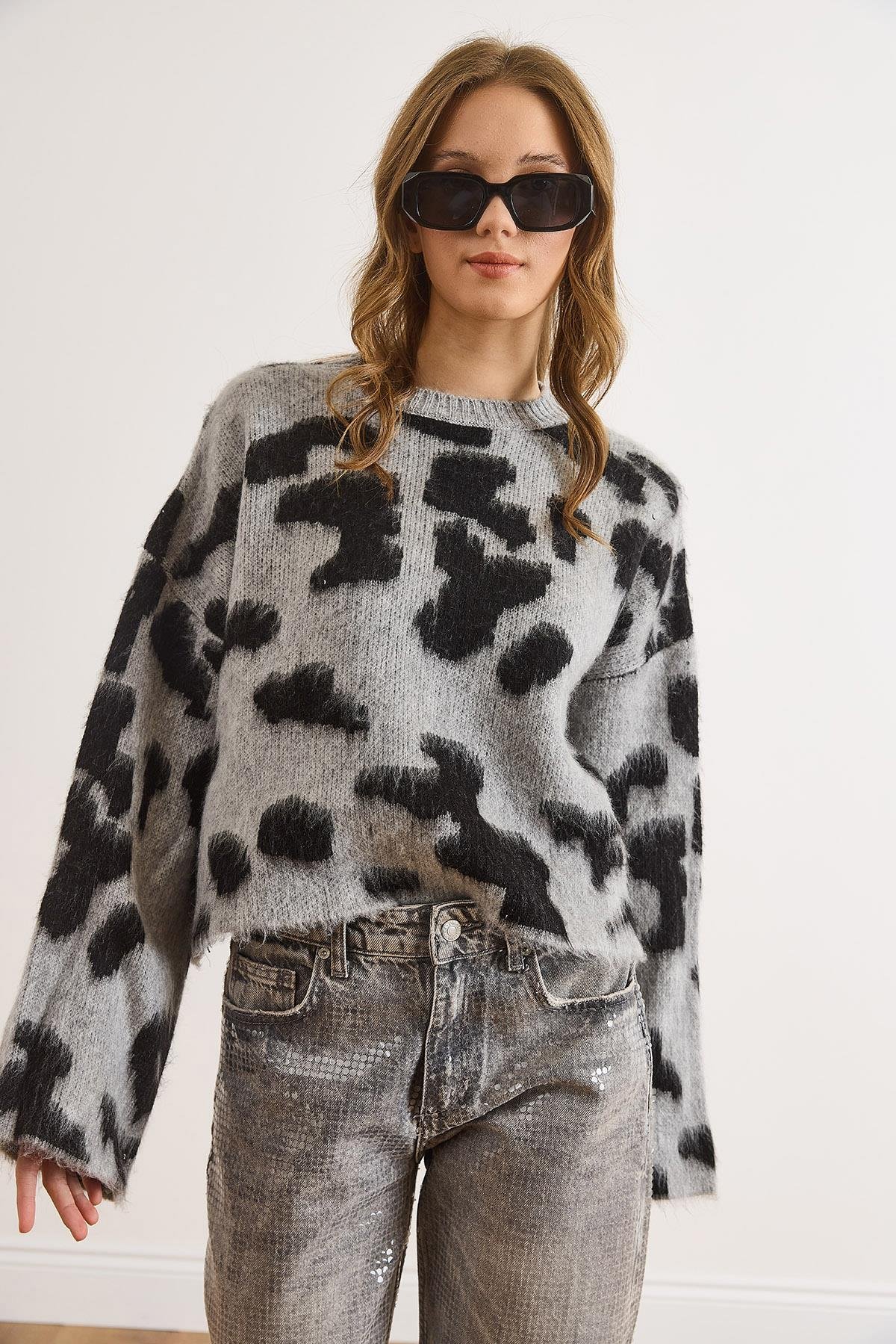 Bisiklet Yaka Leopar Crop Triko Kazak Gri