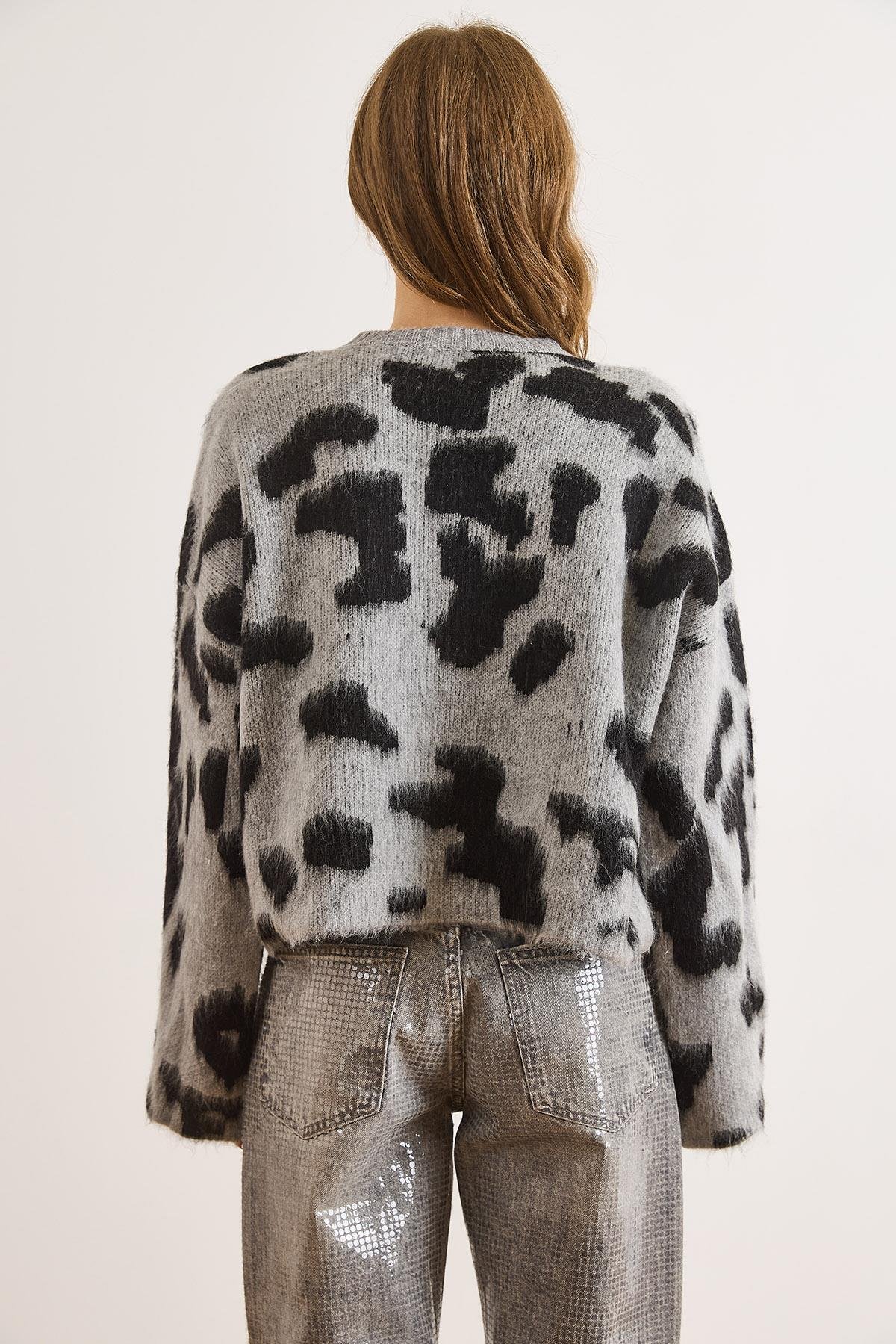 Bisiklet Yaka Leopar Crop Triko Kazak Gri