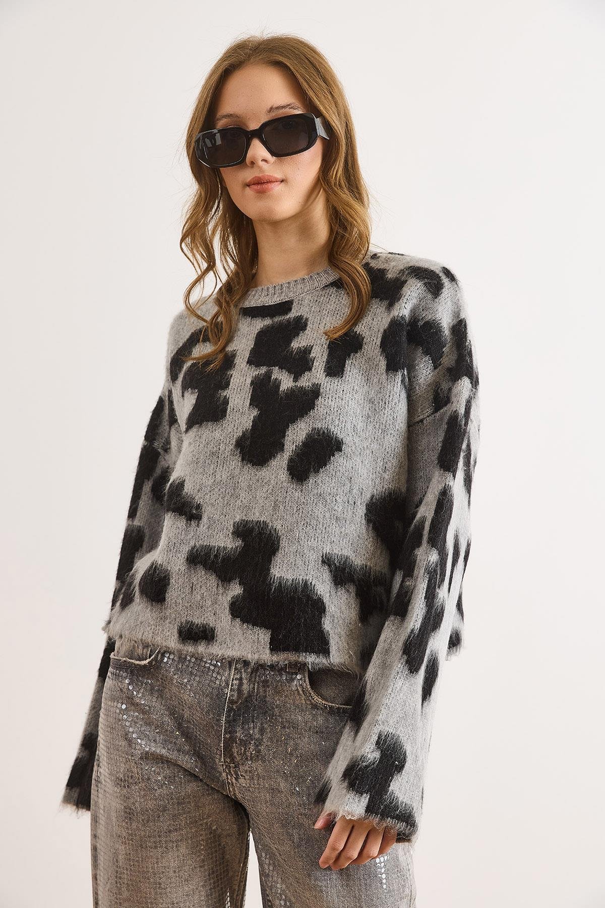 Bisiklet Yaka Leopar Crop Triko Kazak Gri