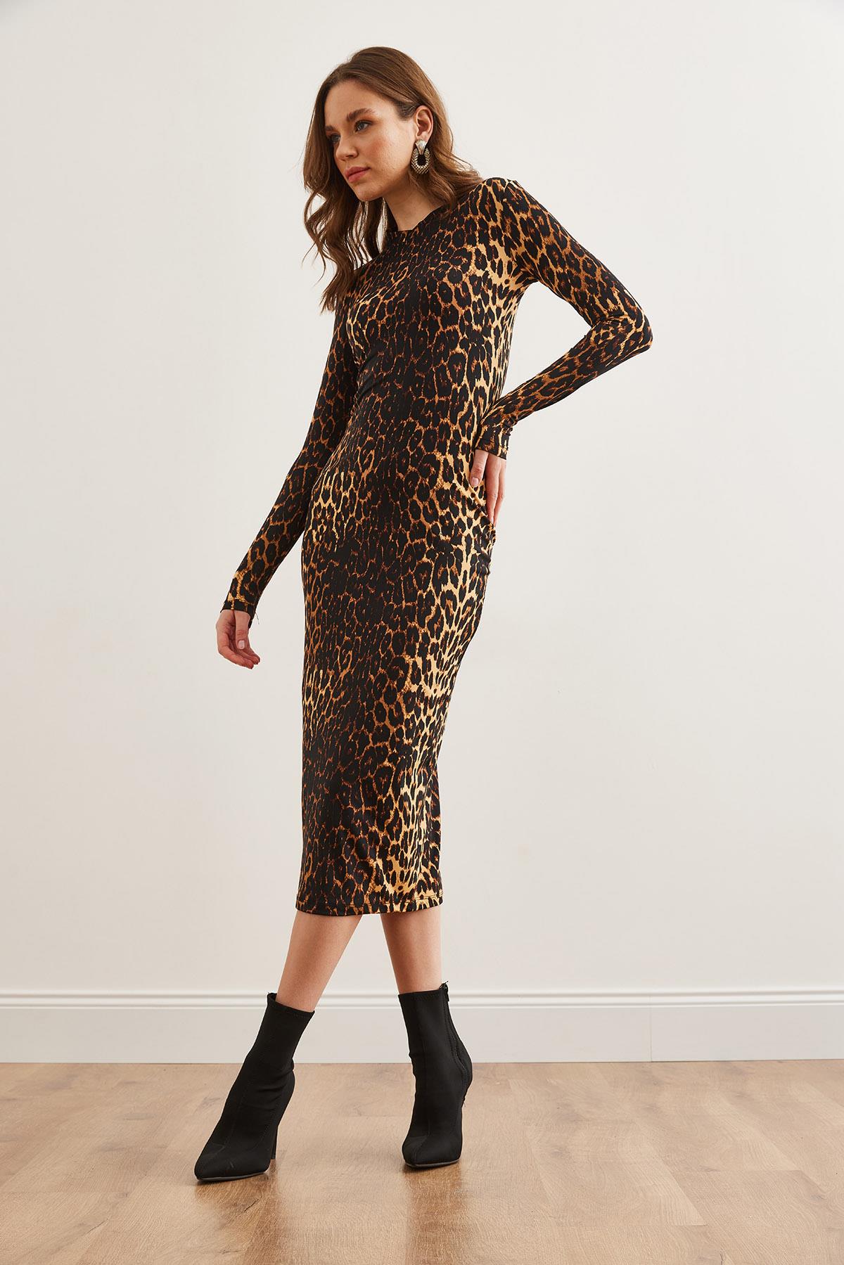 Bisiklet Yaka Maxi Leopar Elbise Bej Kahve