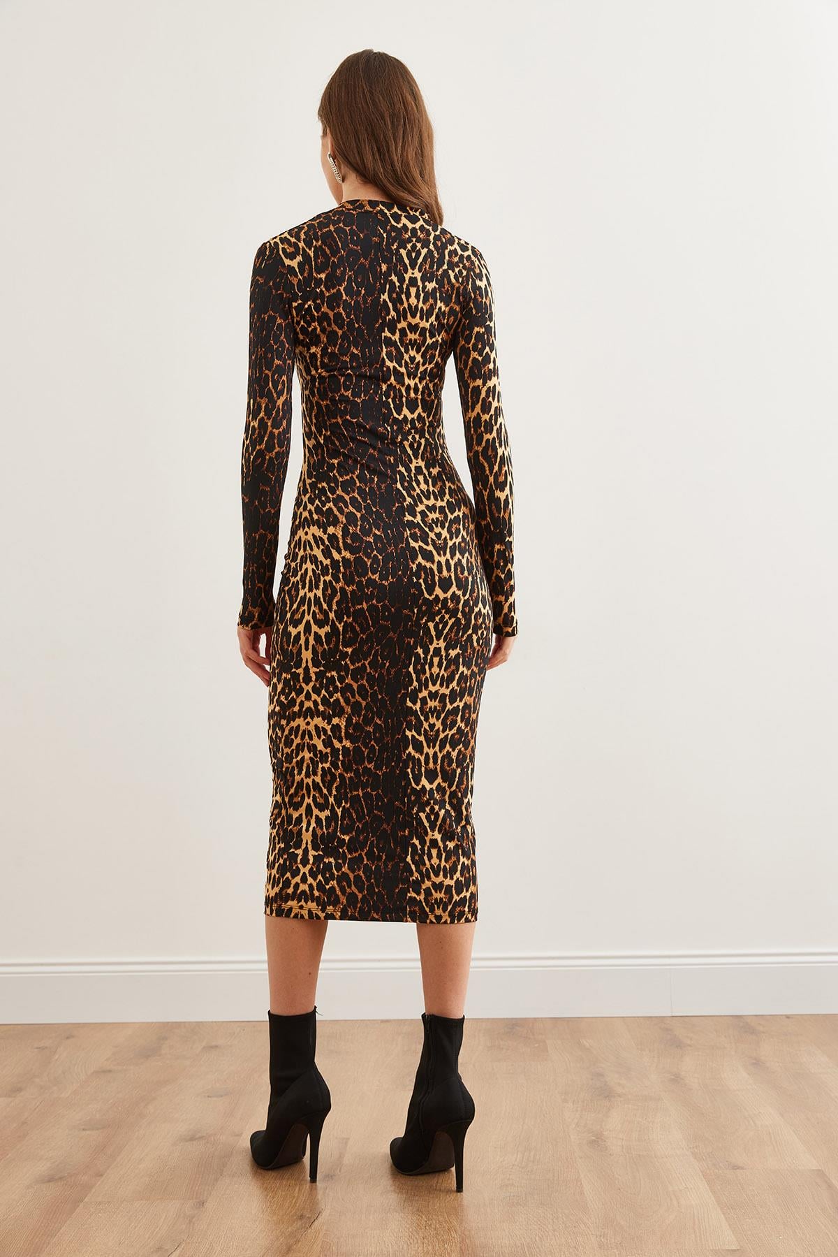 Bisiklet Yaka Maxi Leopar Elbise Bej Kahve