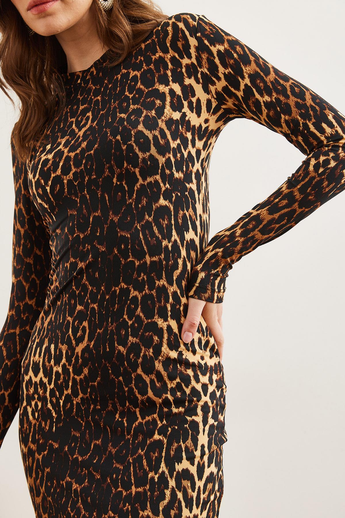 Bisiklet Yaka Maxi Leopar Elbise Bej Kahve