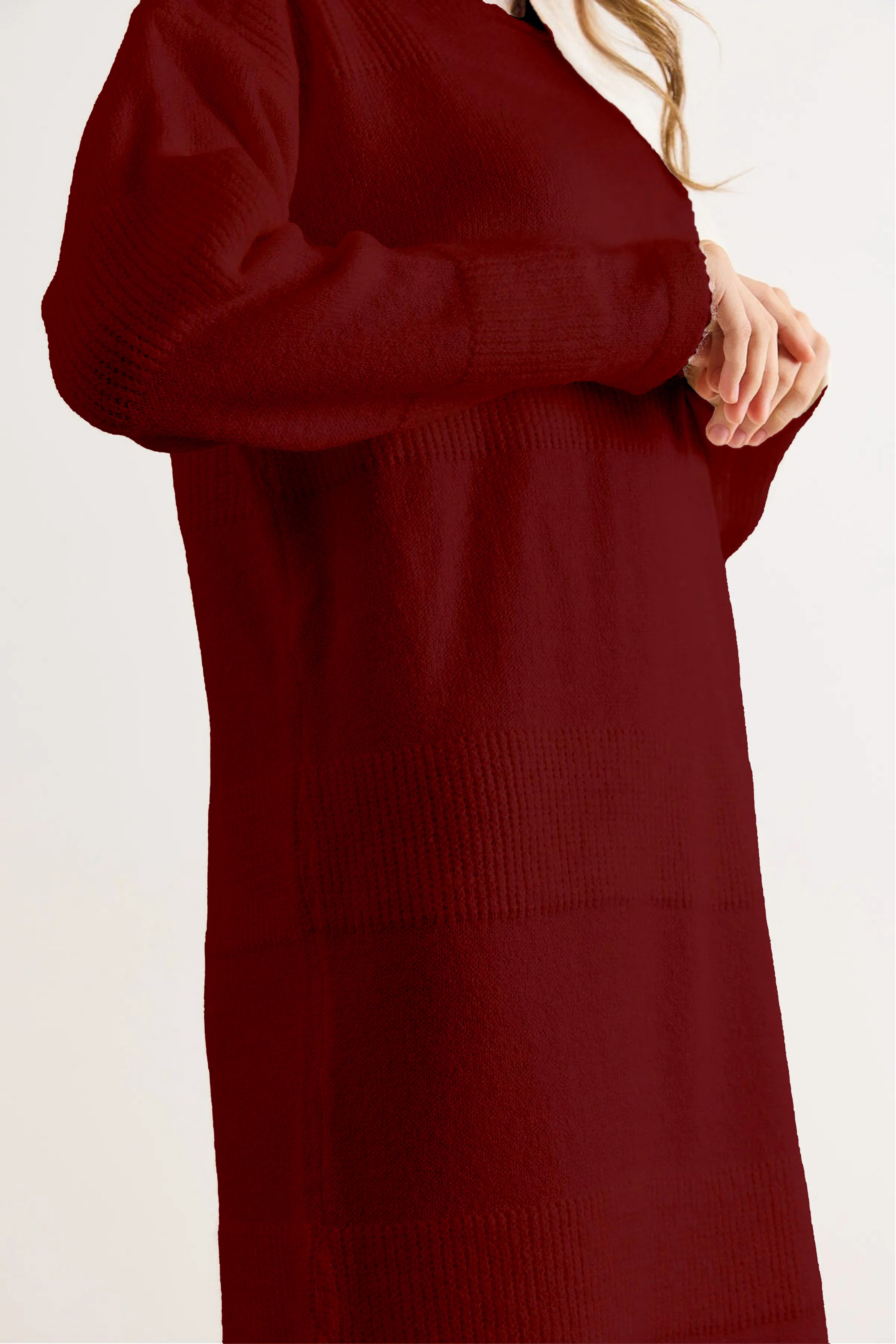 Bisiklet Yaka Maxi Triko Elbise Bordo