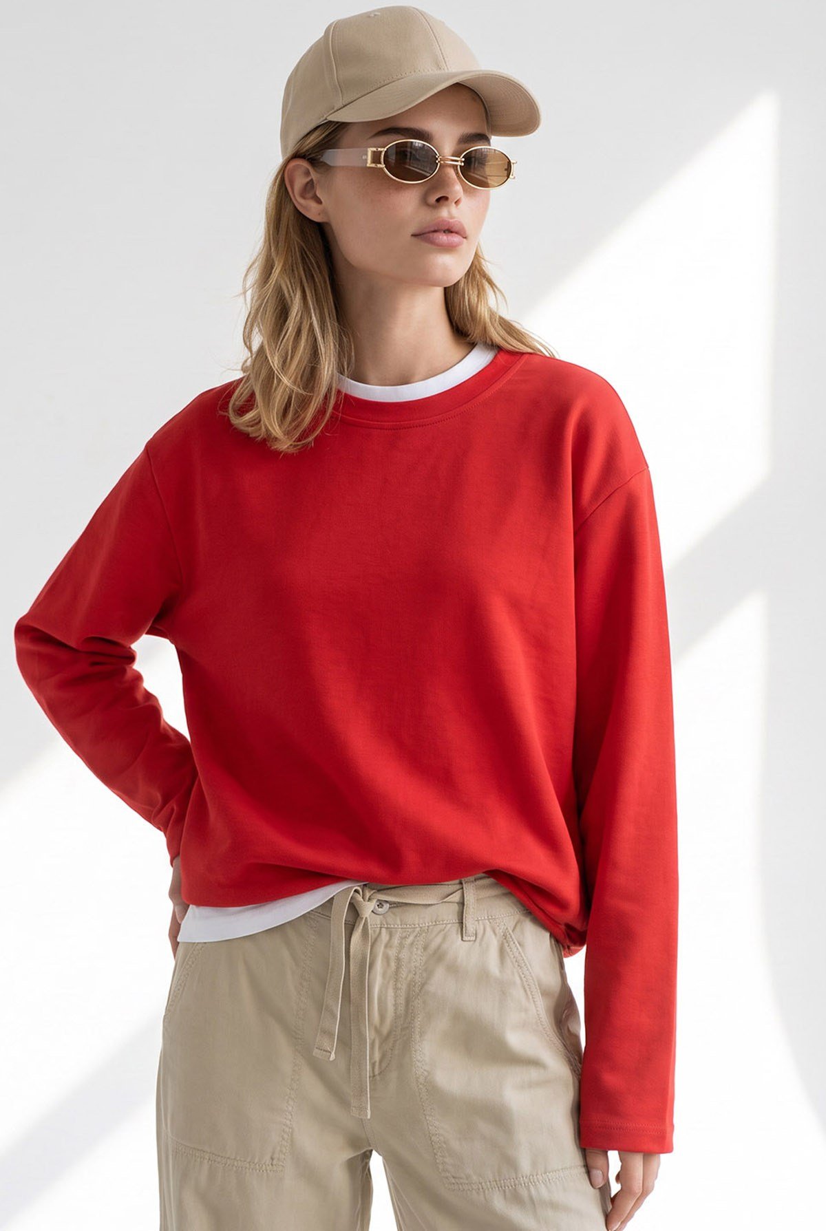 Bisiklet Yaka Modal Tuşeli Dökümlü Basic Sweatshirt Kırmızı