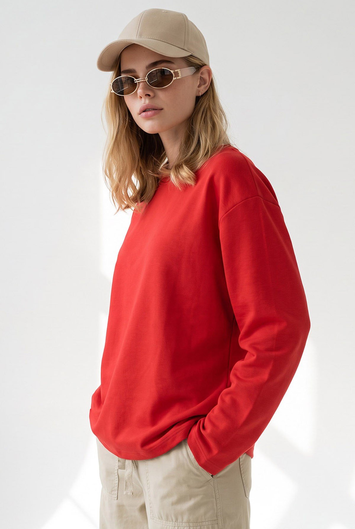Bisiklet Yaka Modal Tuşeli Dökümlü Basic Sweatshirt Kırmızı