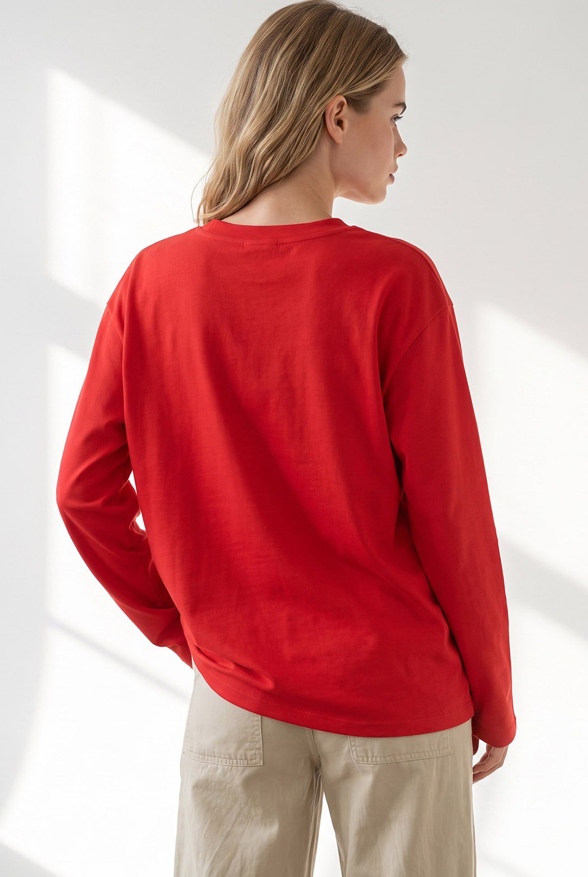 Bisiklet Yaka Modal Tuşeli Dökümlü Basic Sweatshirt Kırmızı