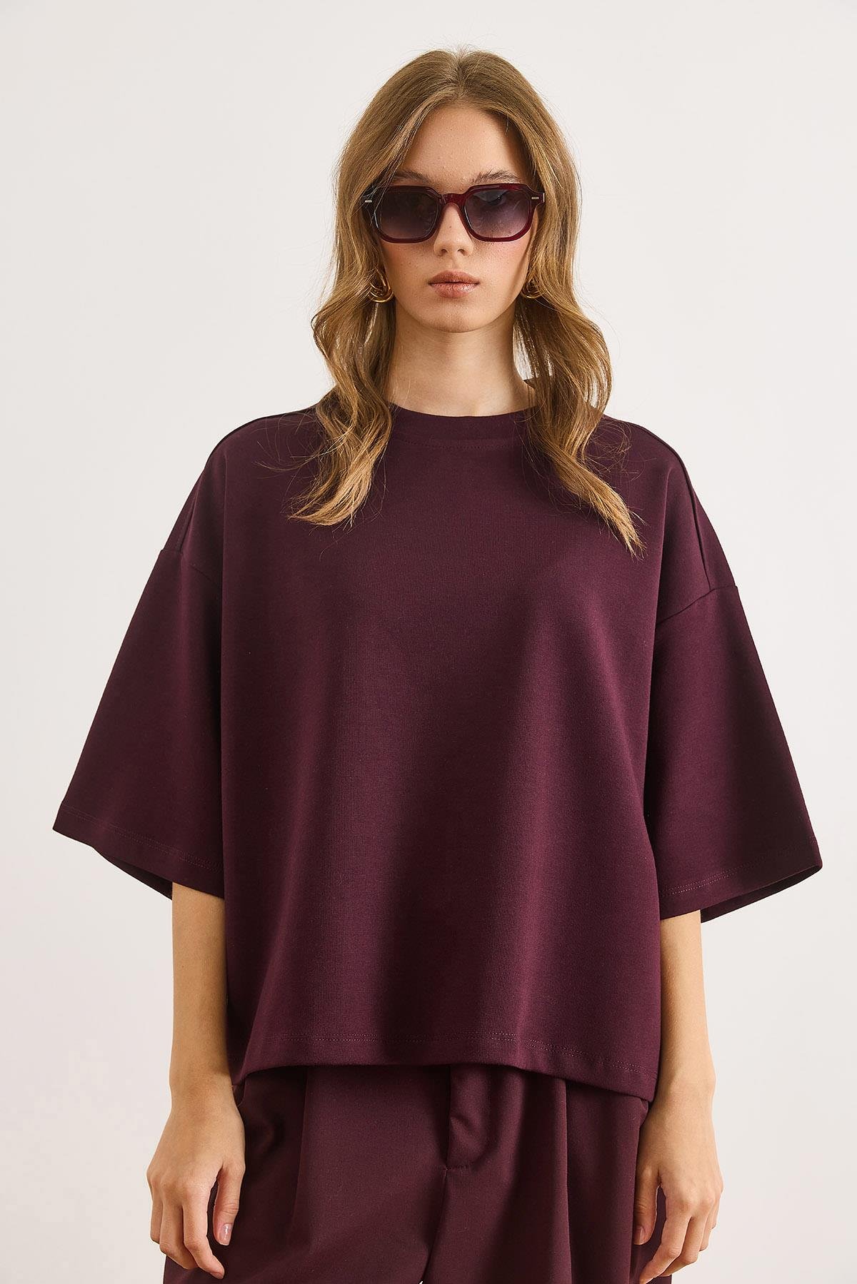 Bisiklet Yaka Oversize İnterlok Tişört Bordo