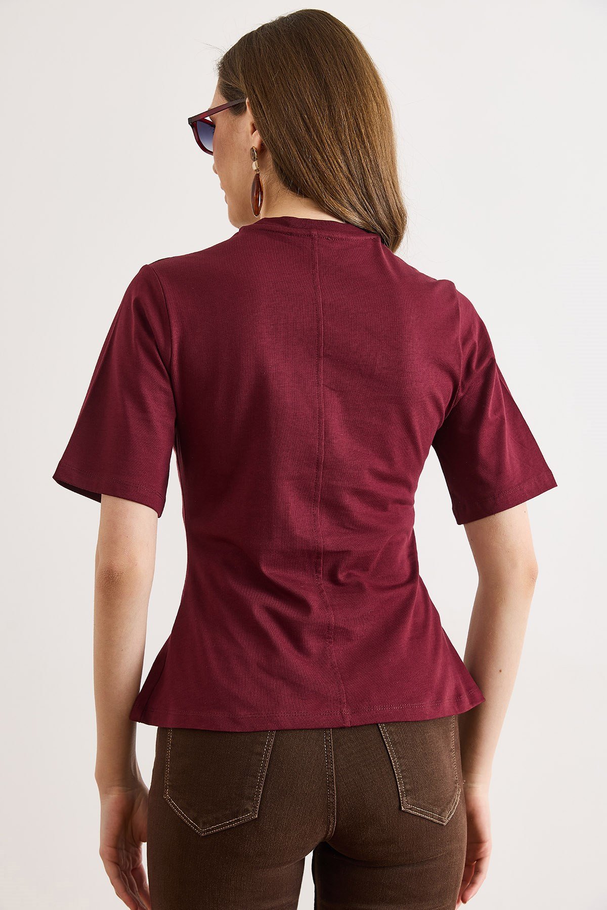 Bisiklet Yaka Pamuk Peplum Tişört Bordo