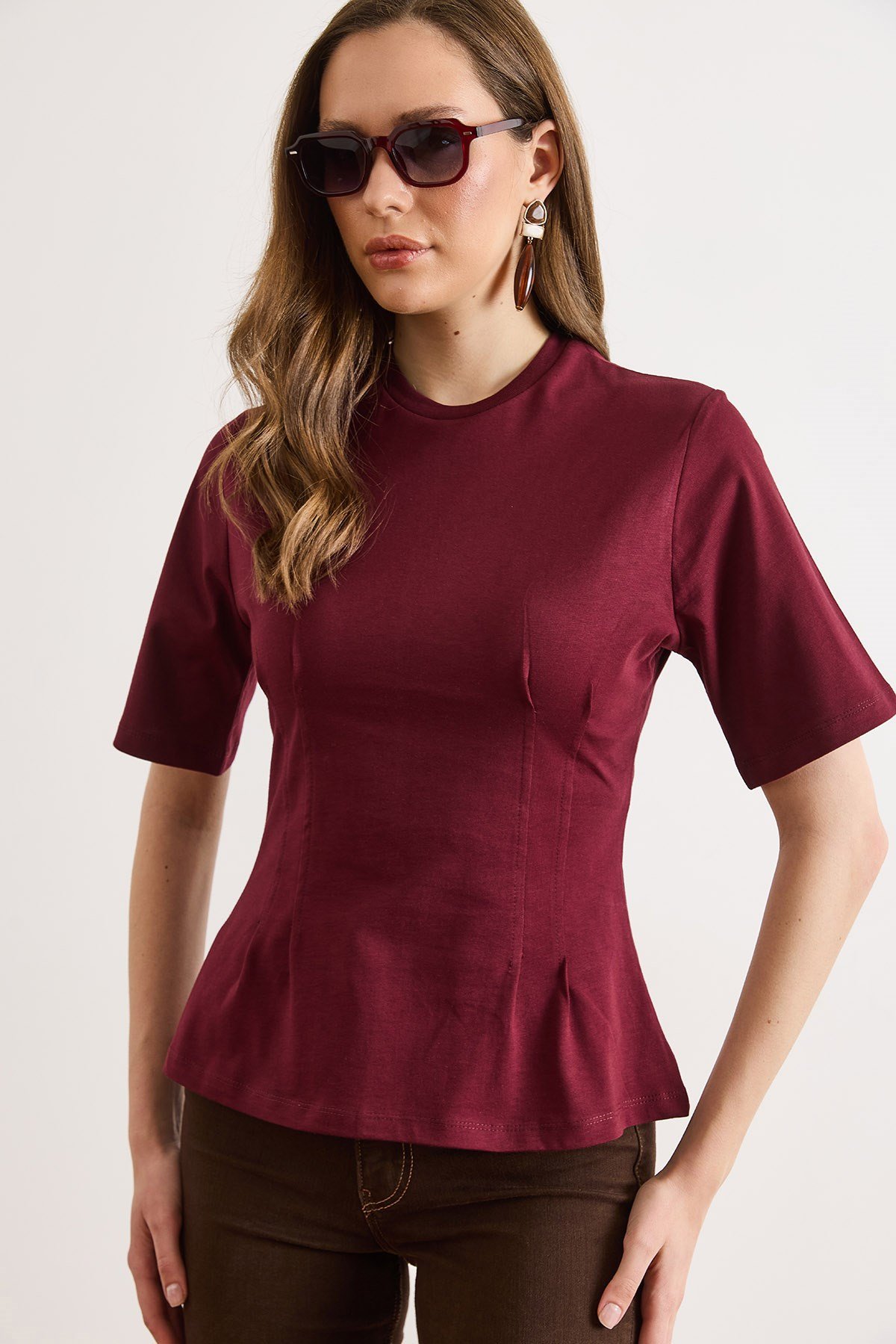 Bisiklet Yaka Pamuk Peplum Tişört Bordo