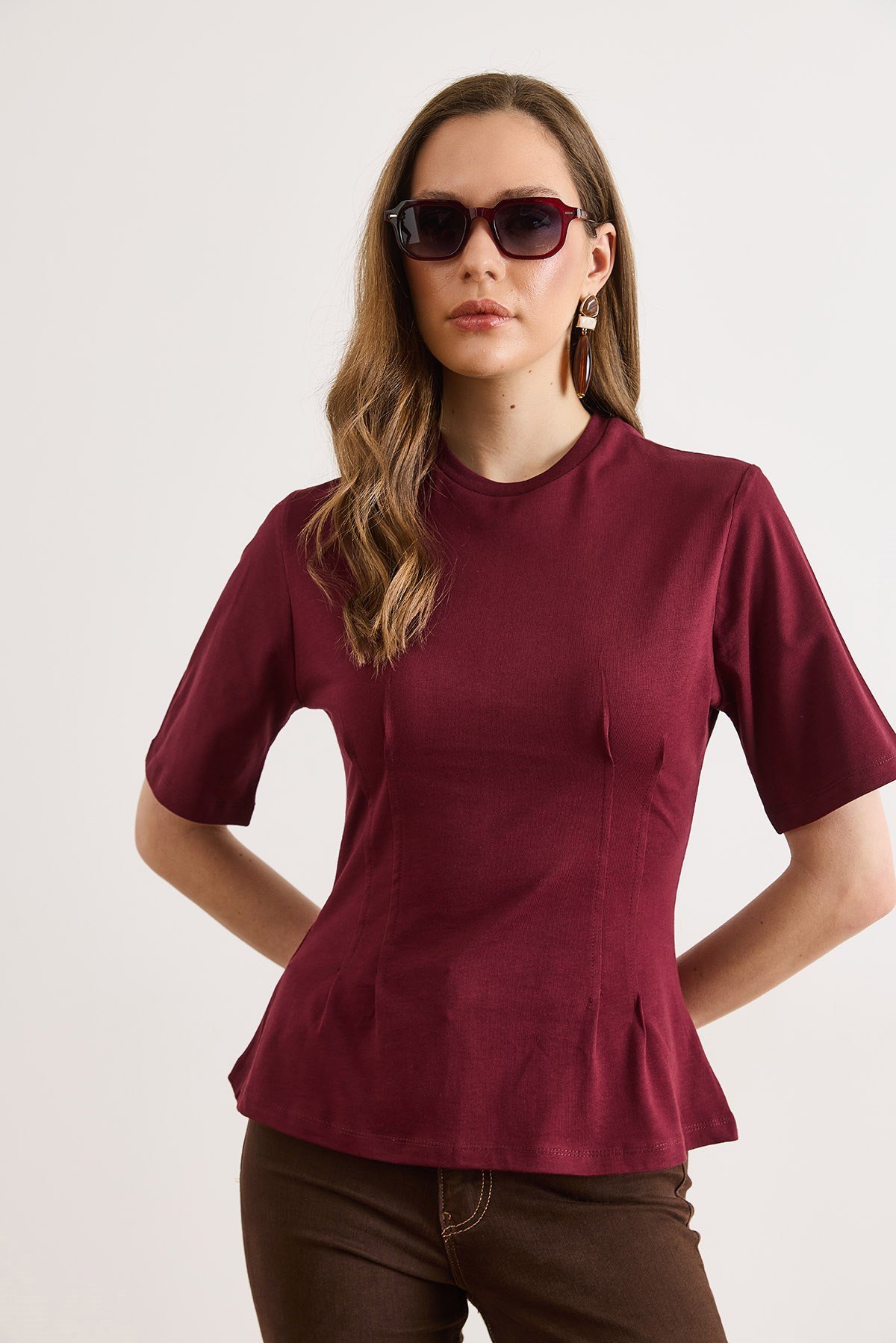 Bisiklet Yaka Pamuk Peplum Tişört Bordo