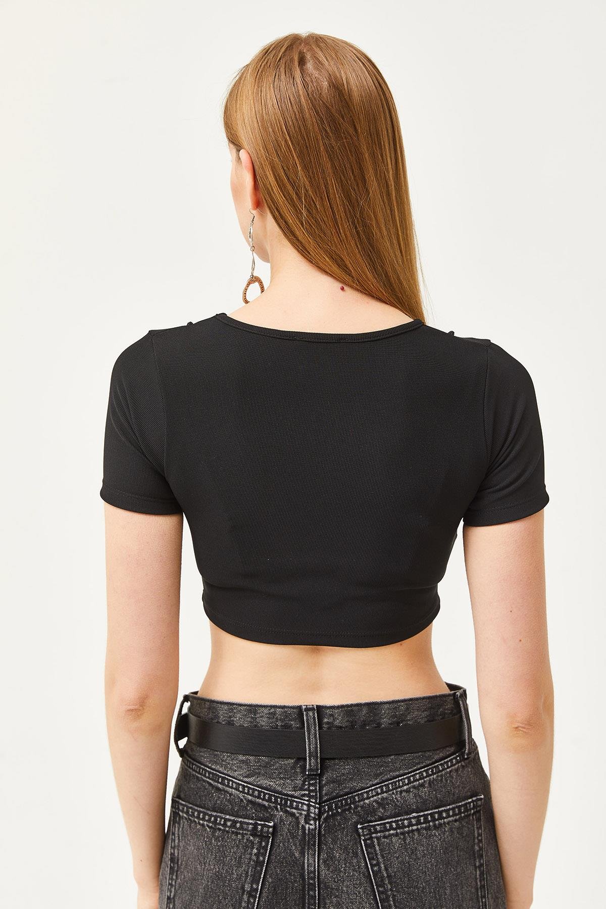 Bisiklet Yaka Parçalı Crop Ottoman Bluz Siyah