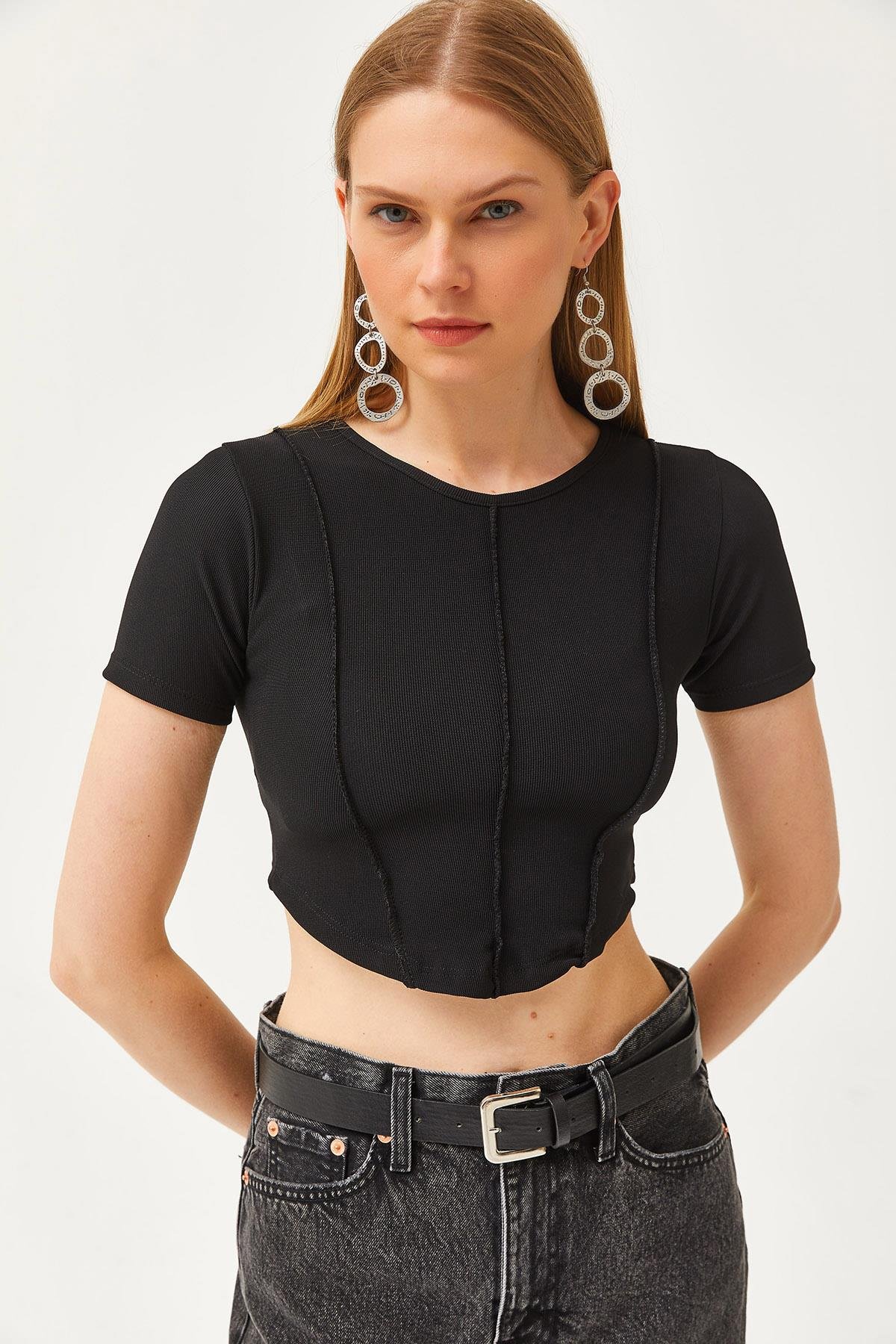 Bisiklet Yaka Parçalı Crop Ottoman Bluz Siyah