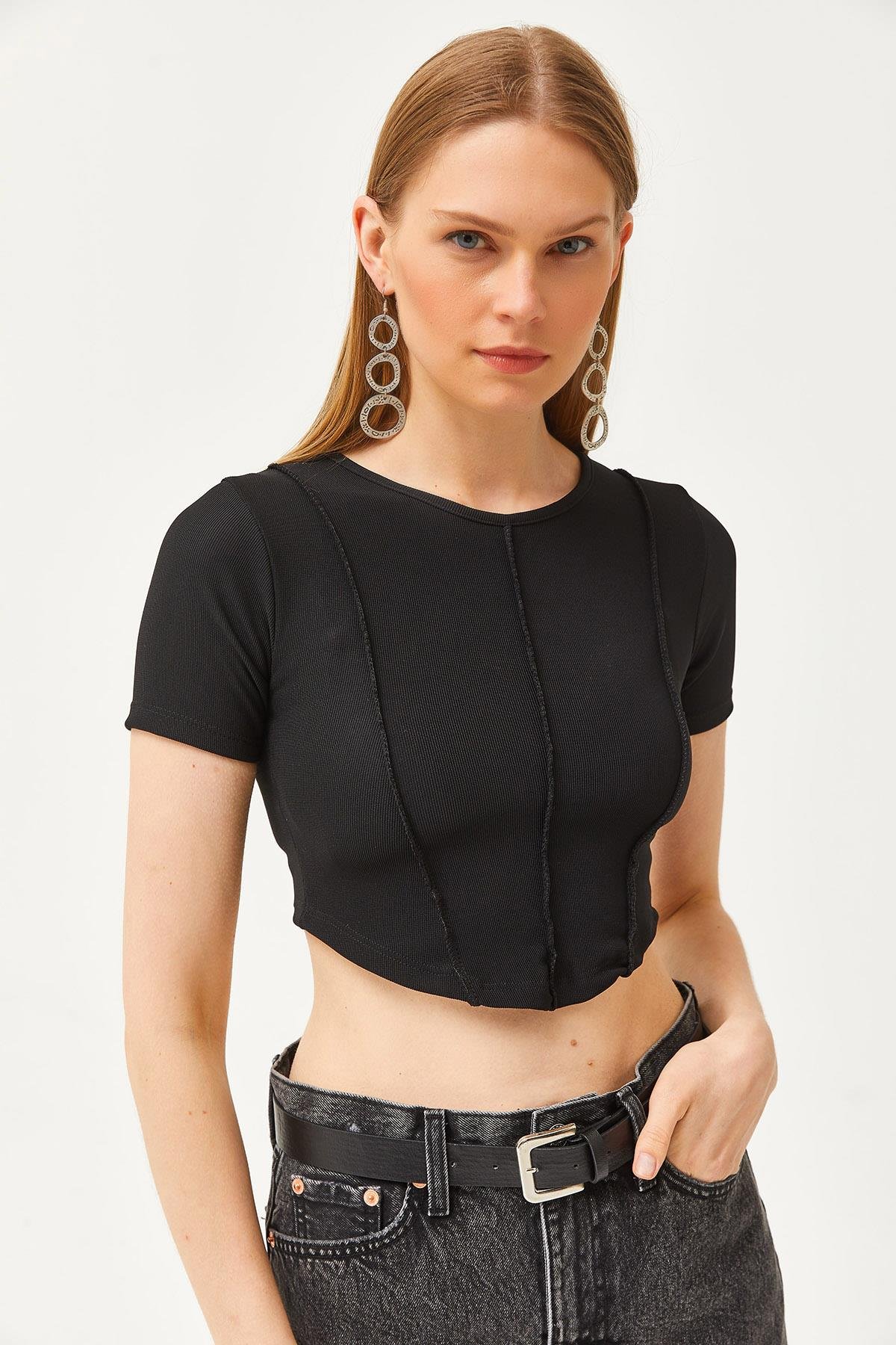 Bisiklet Yaka Parçalı Crop Ottoman Bluz Siyah