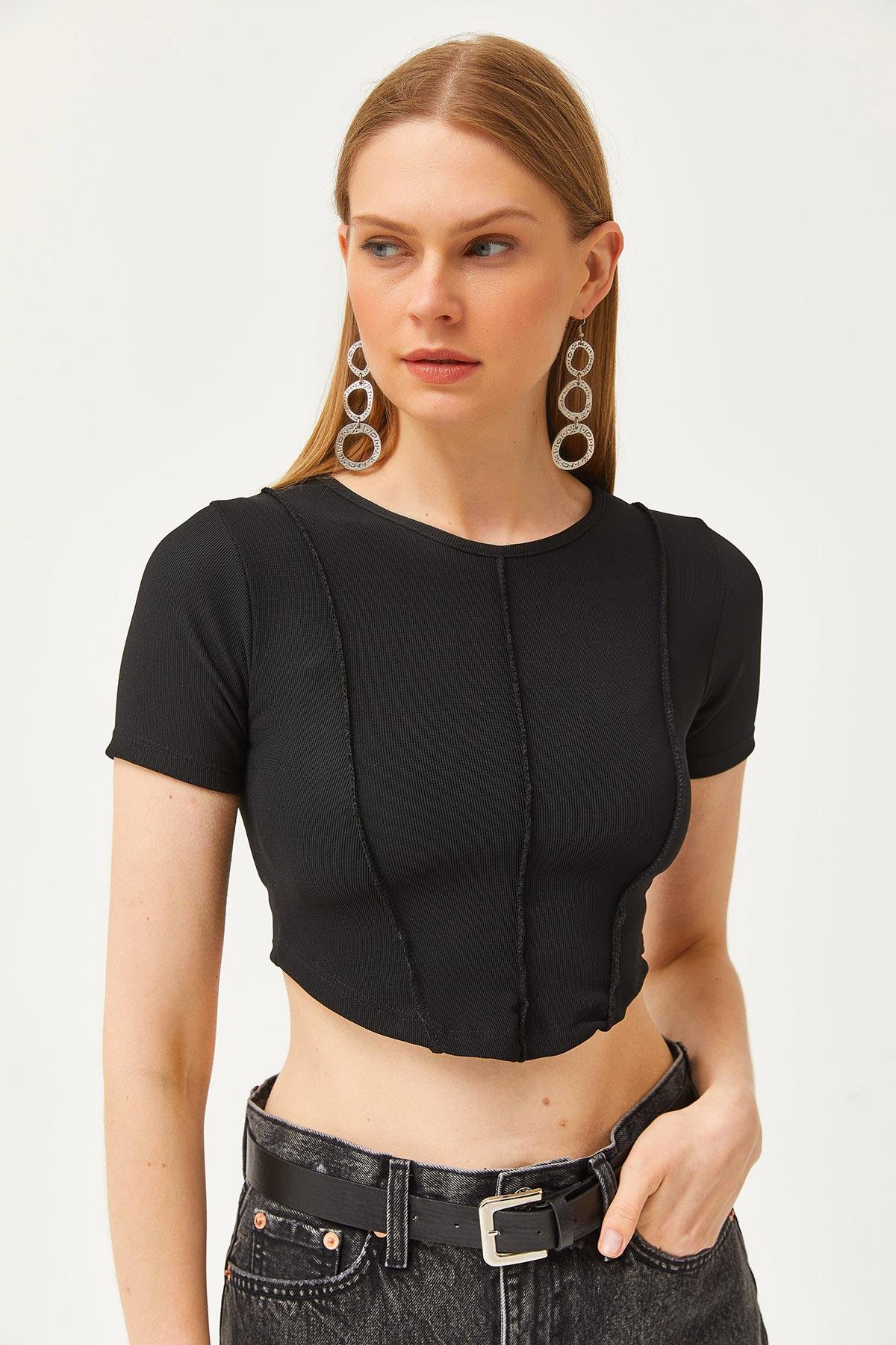 Bisiklet Yaka Parçalı Crop Ottoman Bluz Siyah