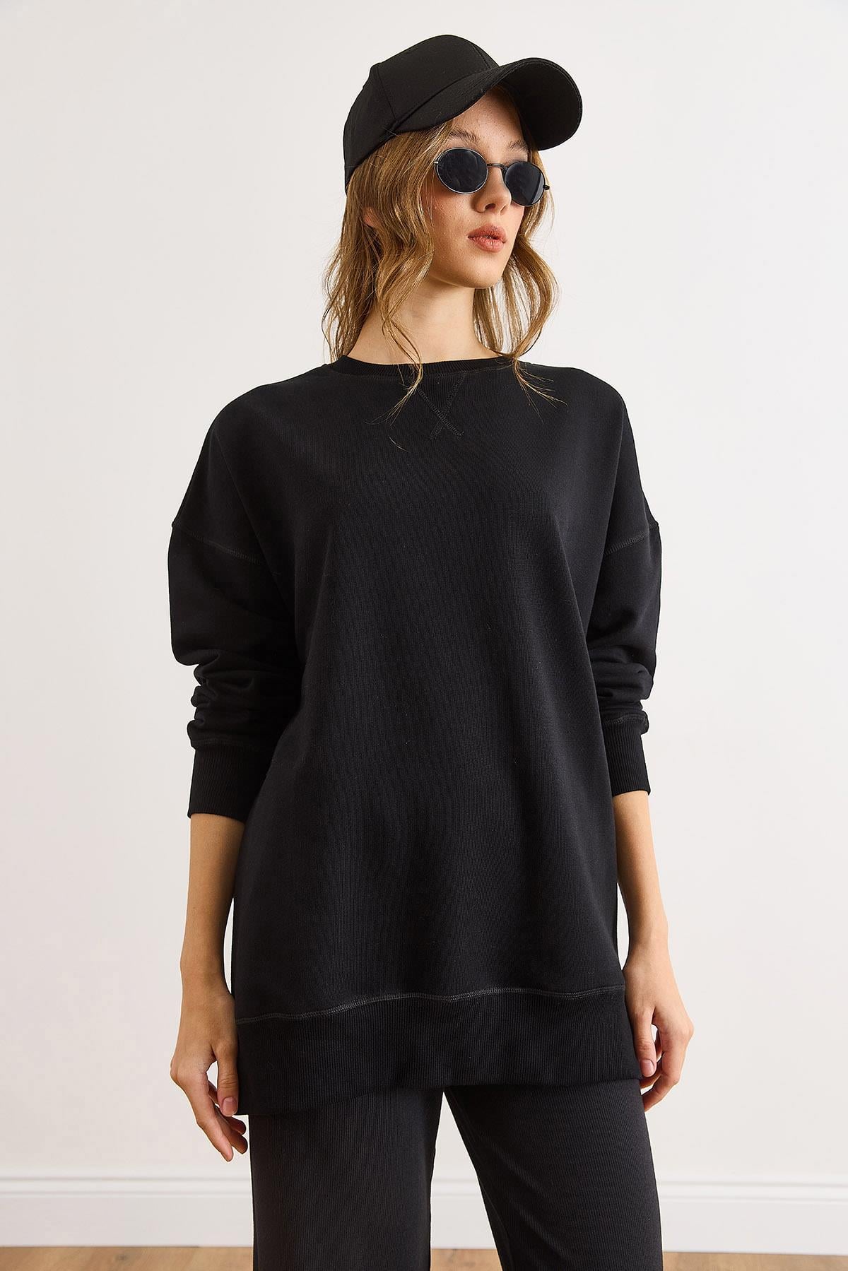 Bisiklet Yaka Şardonsuz Kalın Sweatshirt Siyah