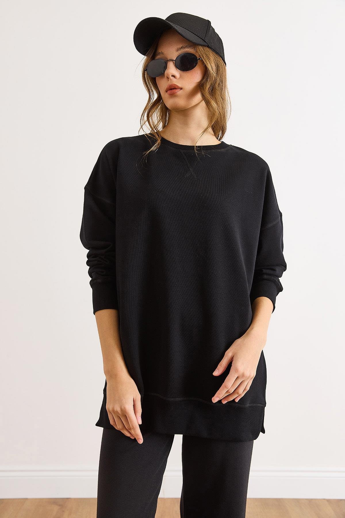 Bisiklet Yaka Şardonsuz Kalın Sweatshirt Siyah