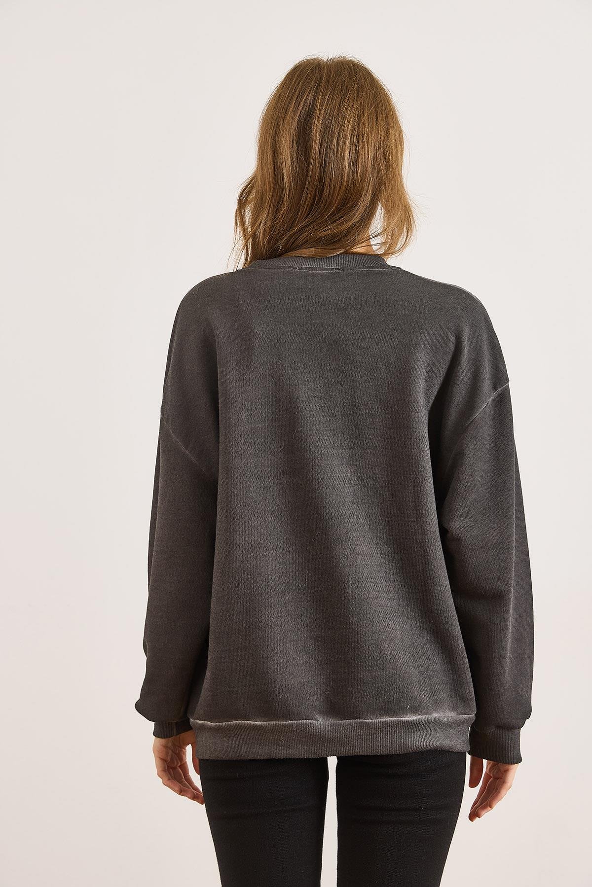 Bisiklet Yaka  Şardonsuz Yıkamalı Basic Sweatshirt Antrasit