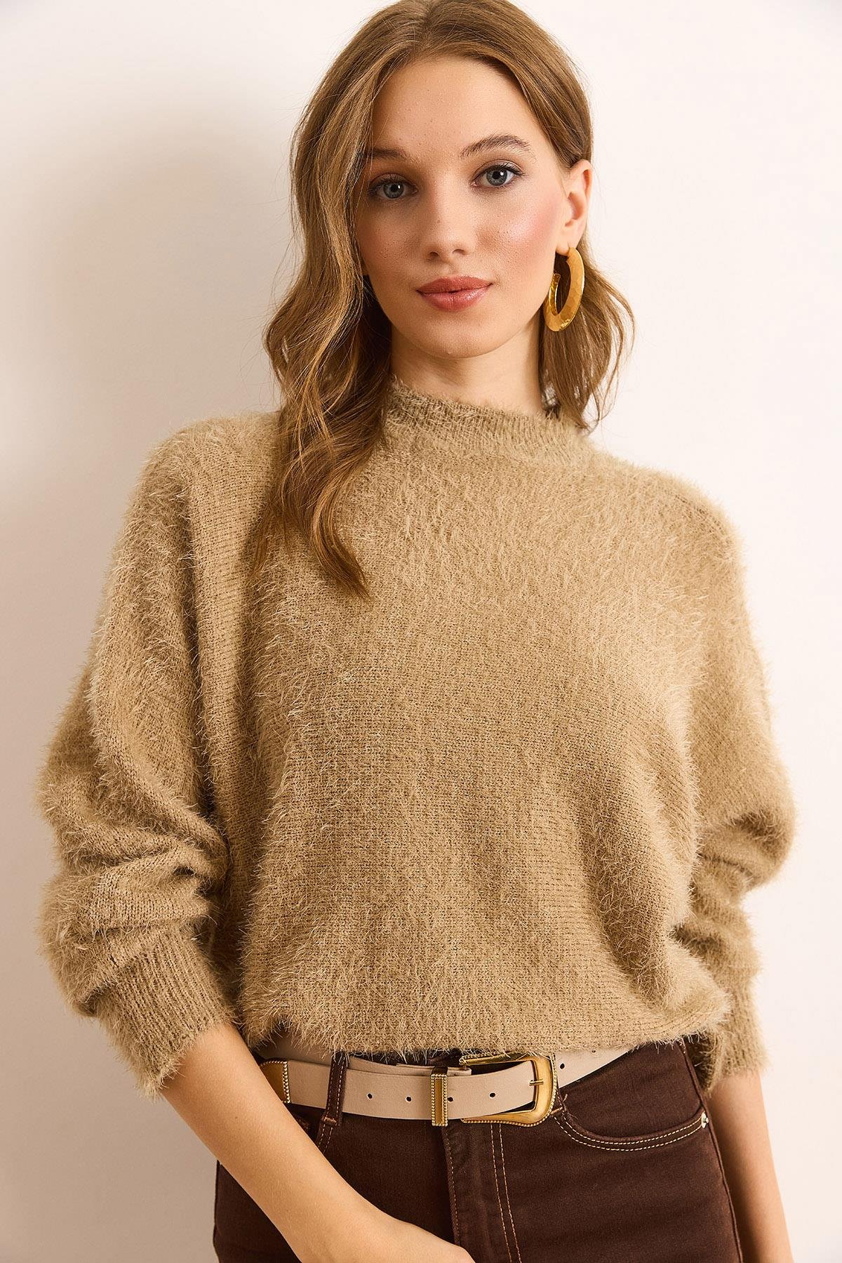 Bisiklet Yaka Yarasa Sakal Triko Kazak Camel