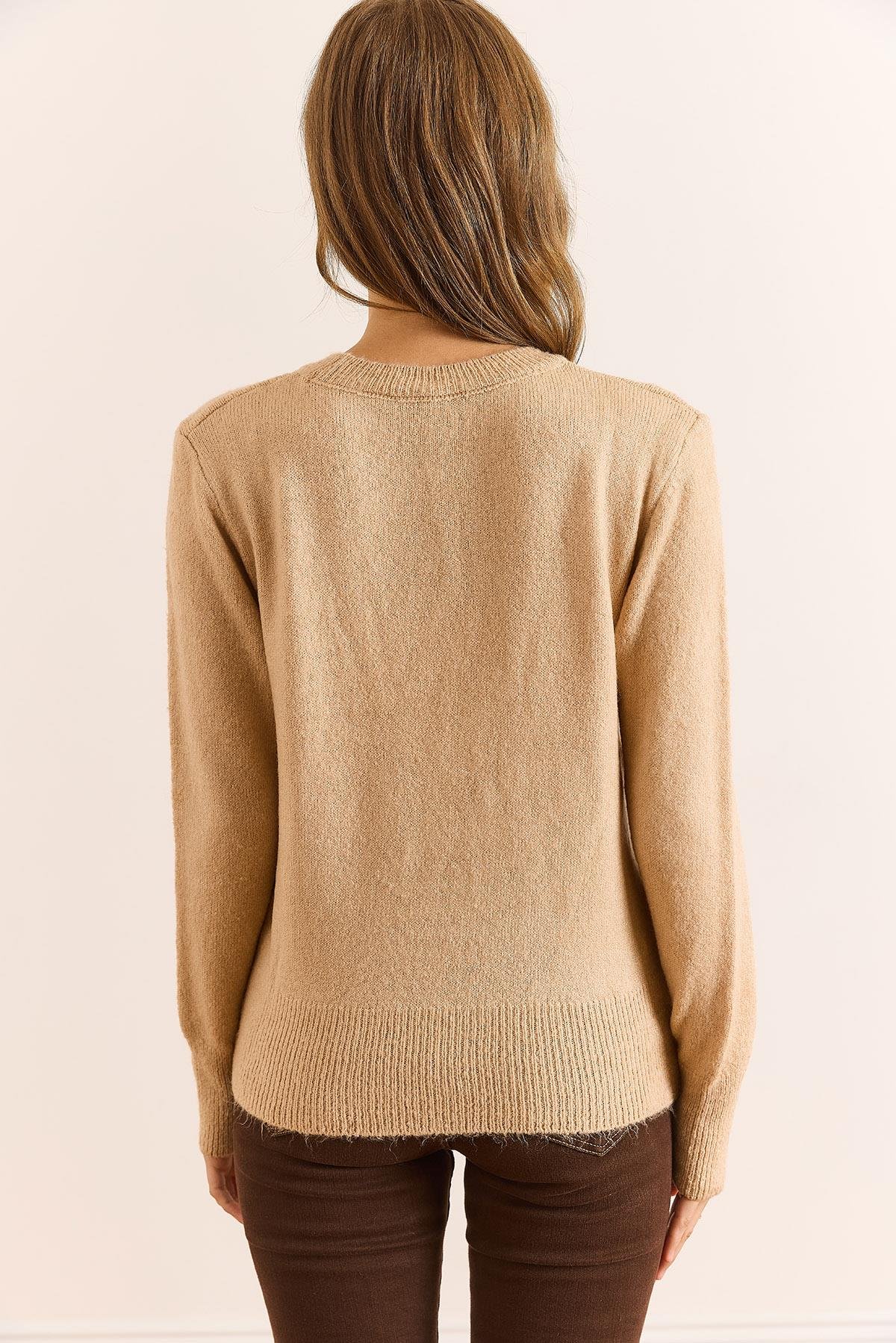Bisiklet Yaka Yumuşak Dokulu Basic Triko Kazak Camel