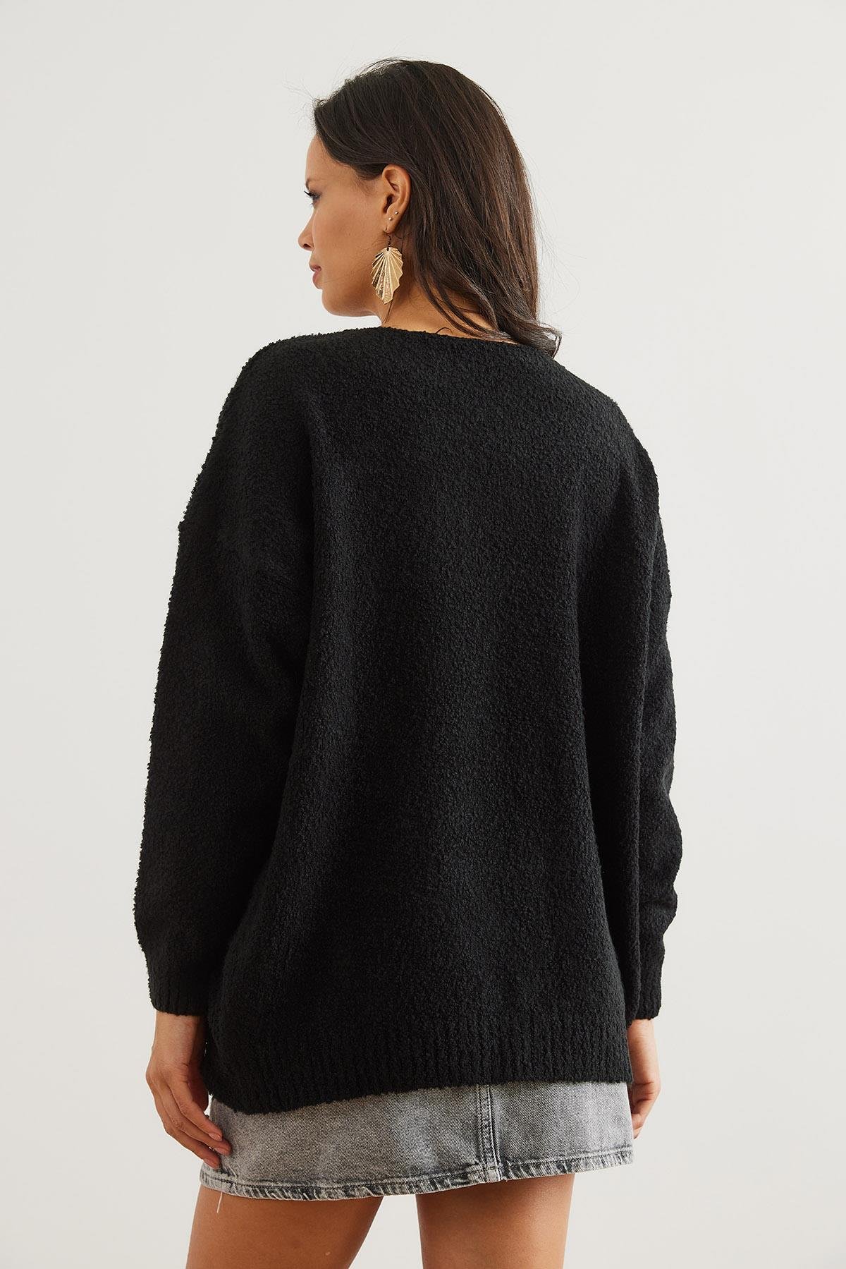 Bisiklet Yaka Yumuşak Dokulu Oversize Triko Kazak Siyah