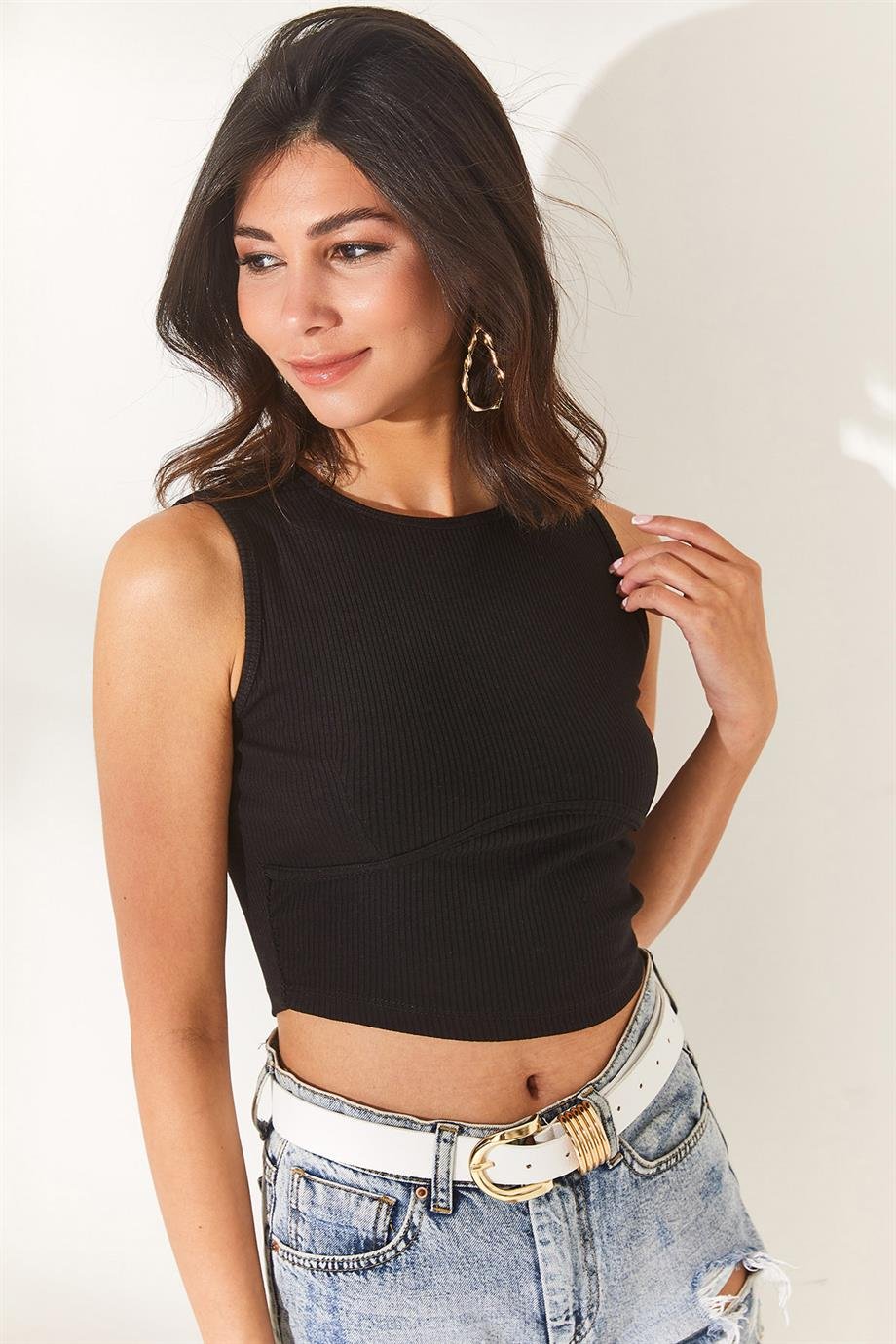 Biye Detaylı Likralı Crop Bluz Siyah