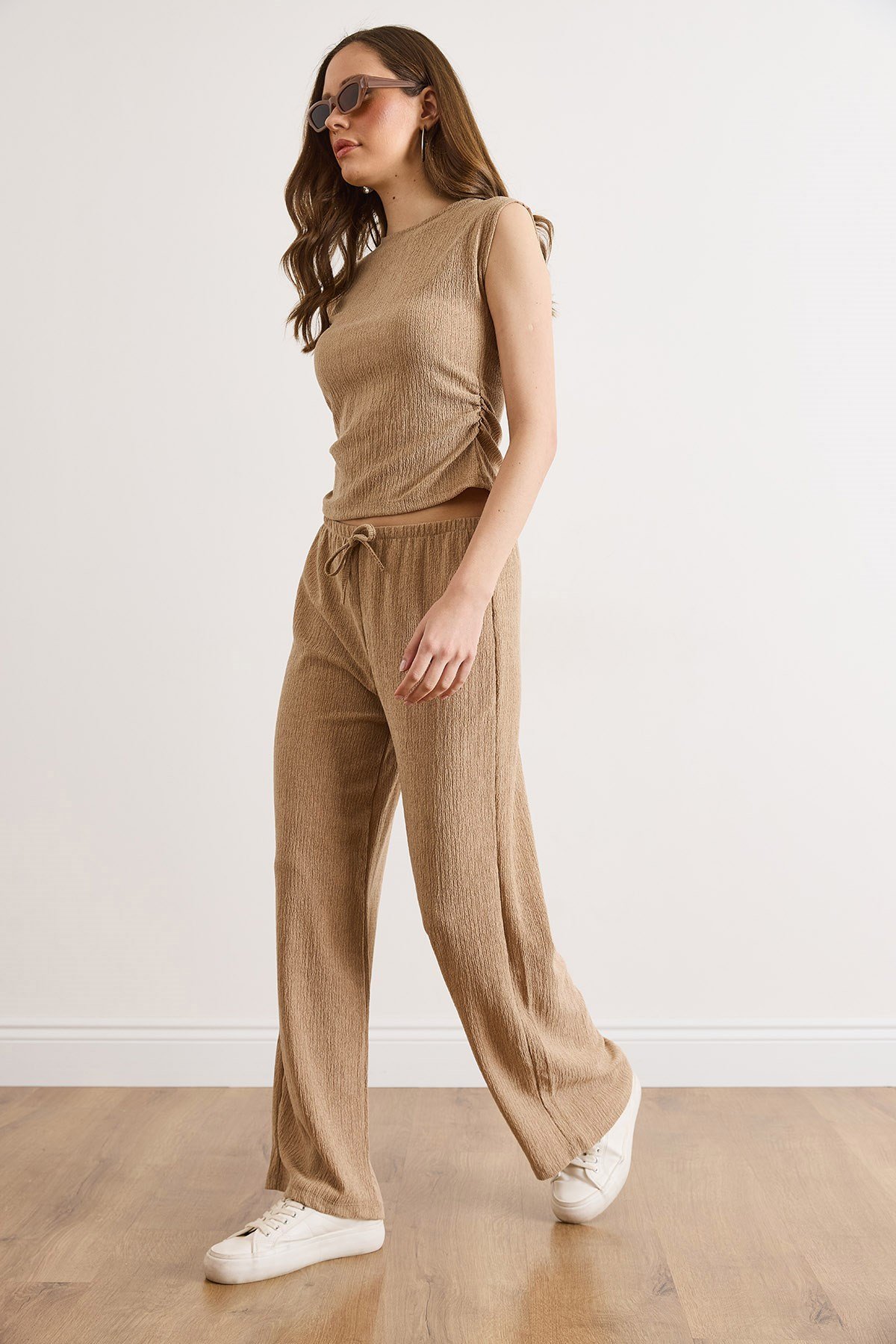 Bluz Pantolon Dokulu Takım Camel