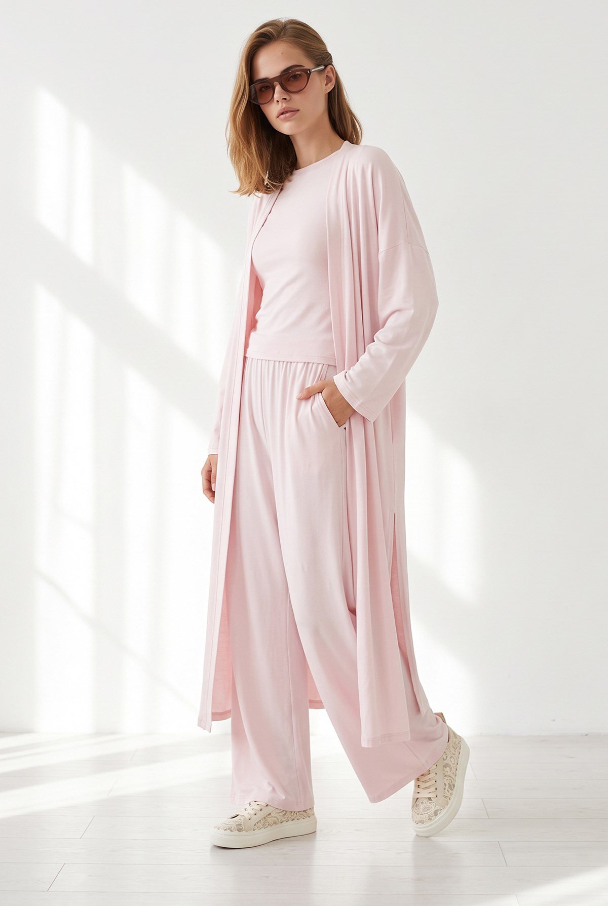 Bluz Pantolon Hırka 3 lü Örme Takım Pembe