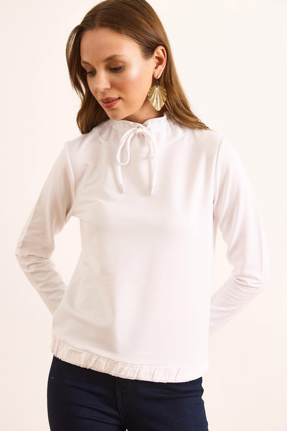 Boğazlı Bağcık Detaylı Yumuşak Dokulu 2 İp Sweatshirt Beyaz