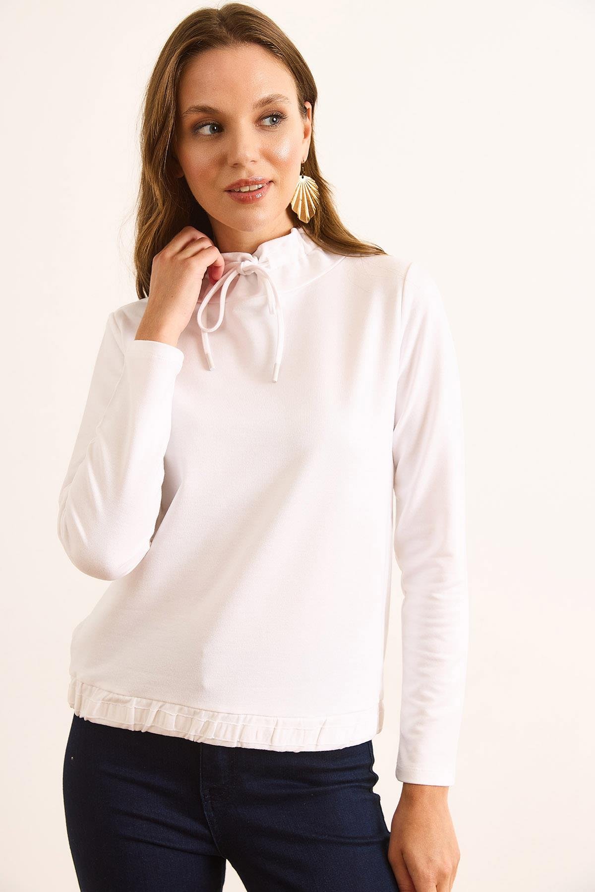 Boğazlı Bağcık Detaylı Yumuşak Dokulu 2 İp Sweatshirt Beyaz
