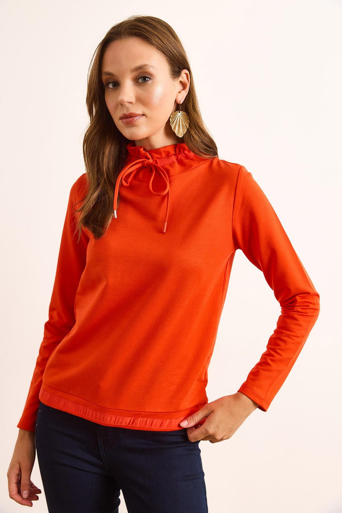Boğazlı Bağcık Detaylı Yumuşak Dokulu 2 İp Sweatshirt Mercan