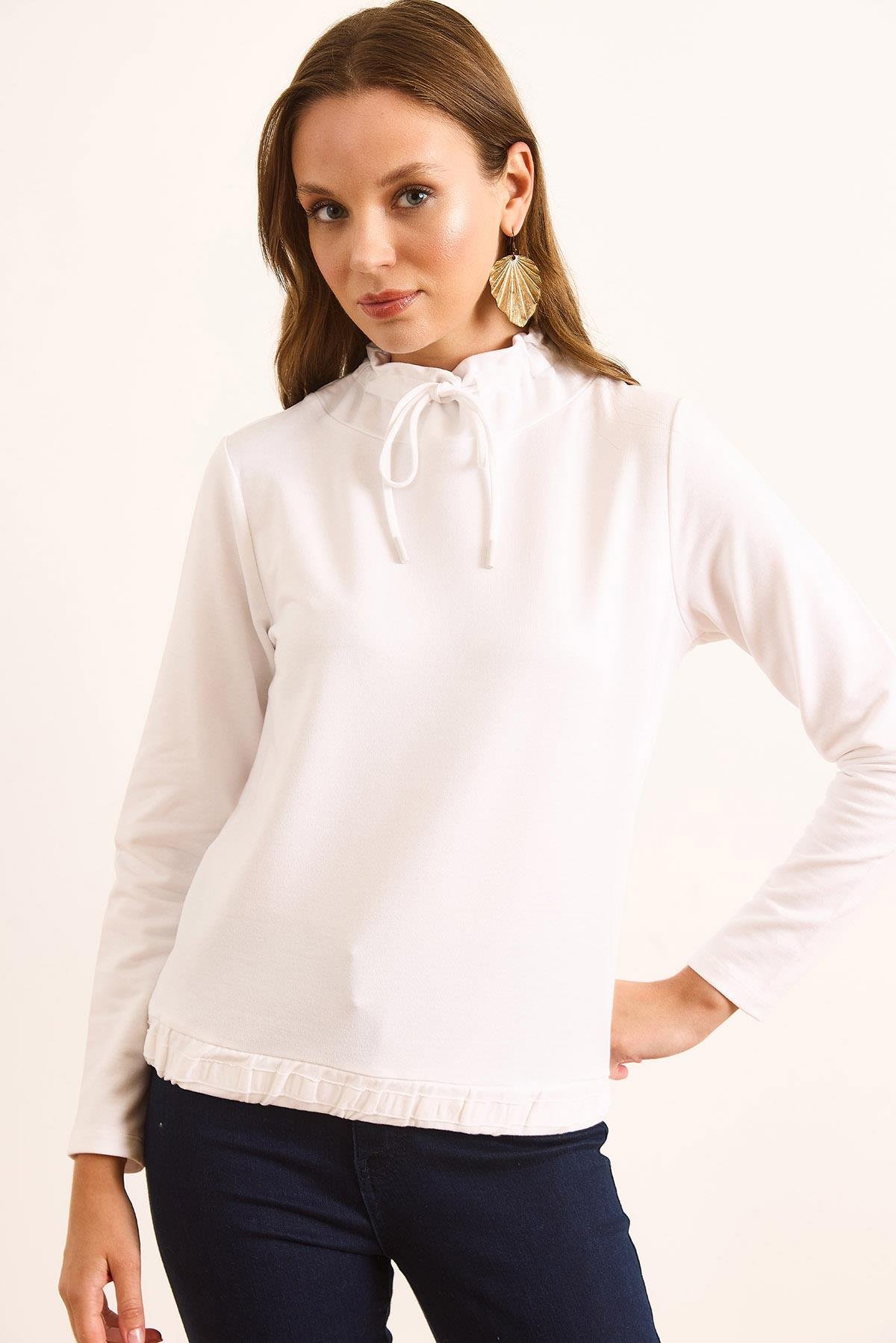 Boğazlı Bağcık Detaylı Yumuşak Dokulu 2 İp Sweatshirt Beyaz