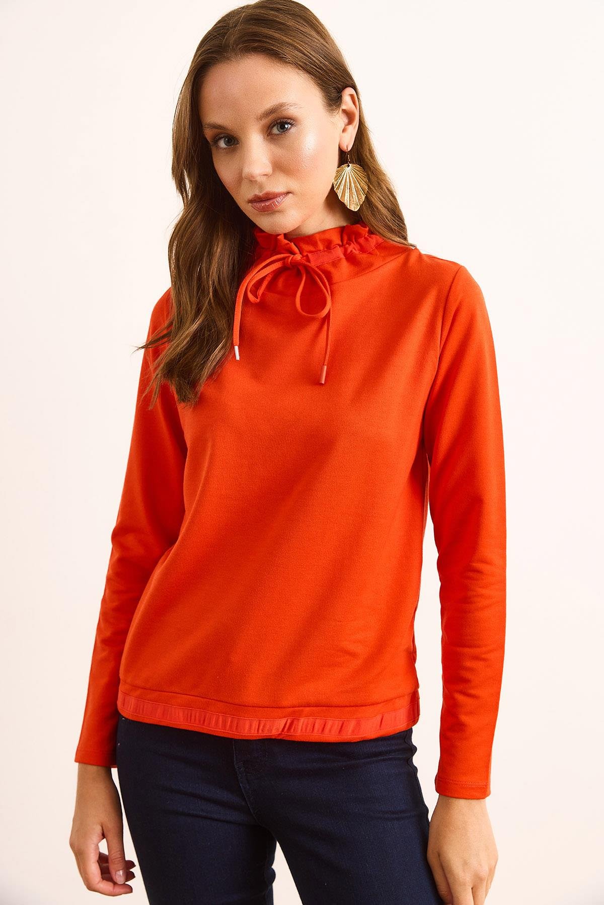 Boğazlı Bağcık Detaylı Yumuşak Dokulu 2 İp Sweatshirt Mercan