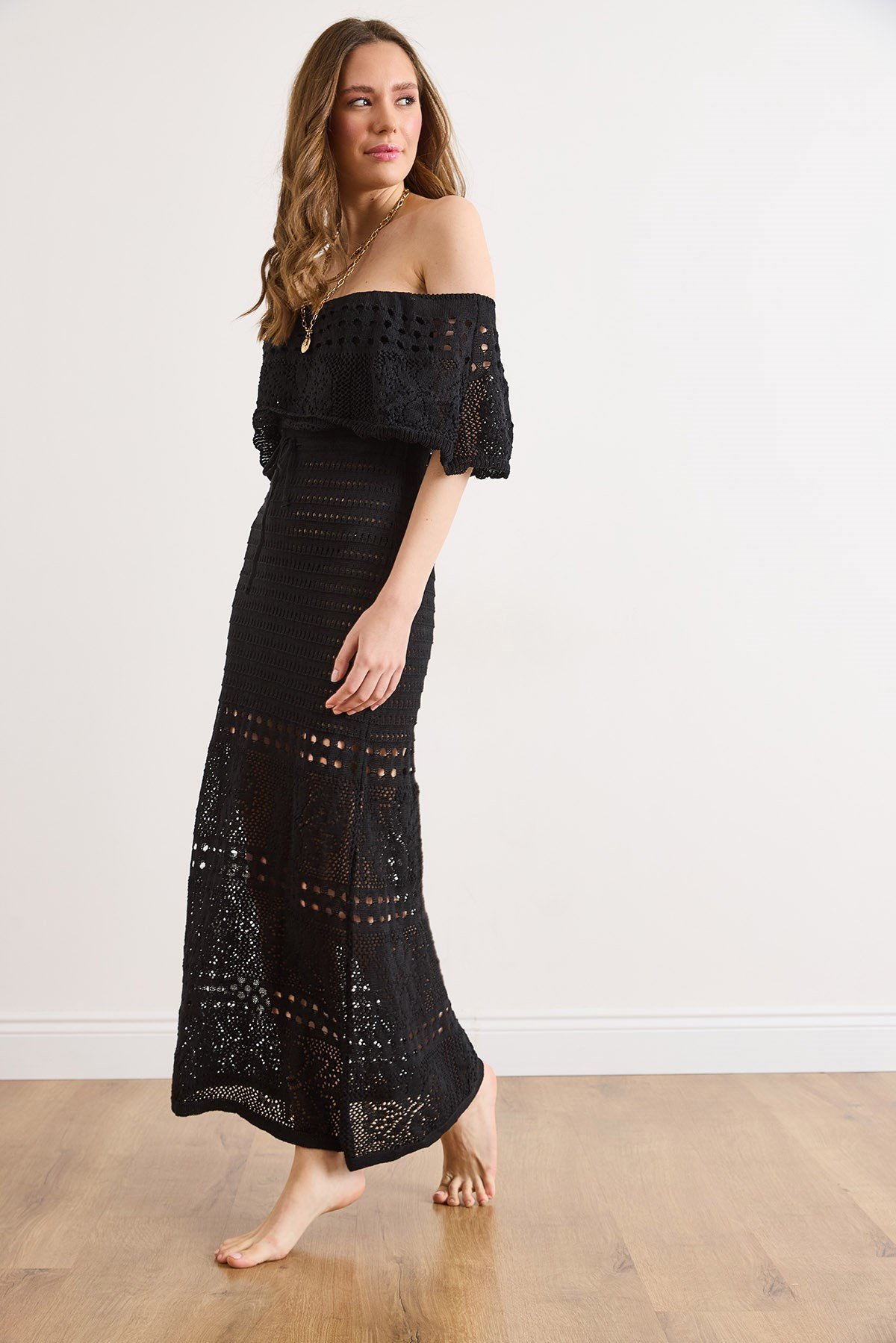 Boho Carmen Yaka Maksi Ajurlu Pamuk Triko Elbise Siyah