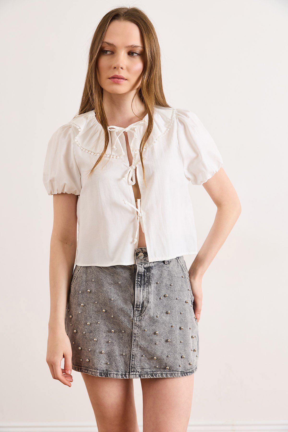 Boho Dantel Garnili Fiyonk Kapama Bluz Beyaz