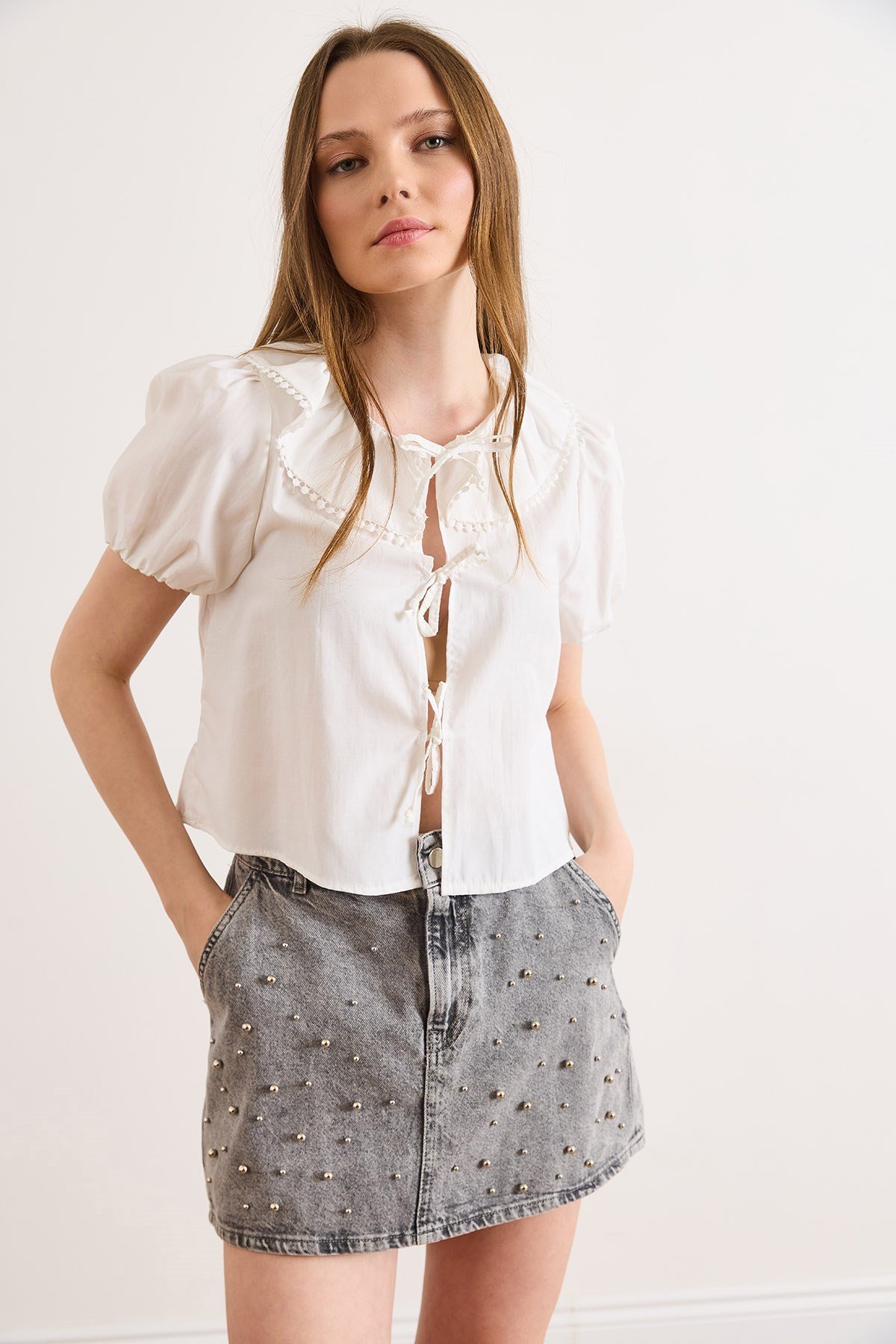 Boho Dantel Garnili Fiyonk Kapama Bluz Beyaz