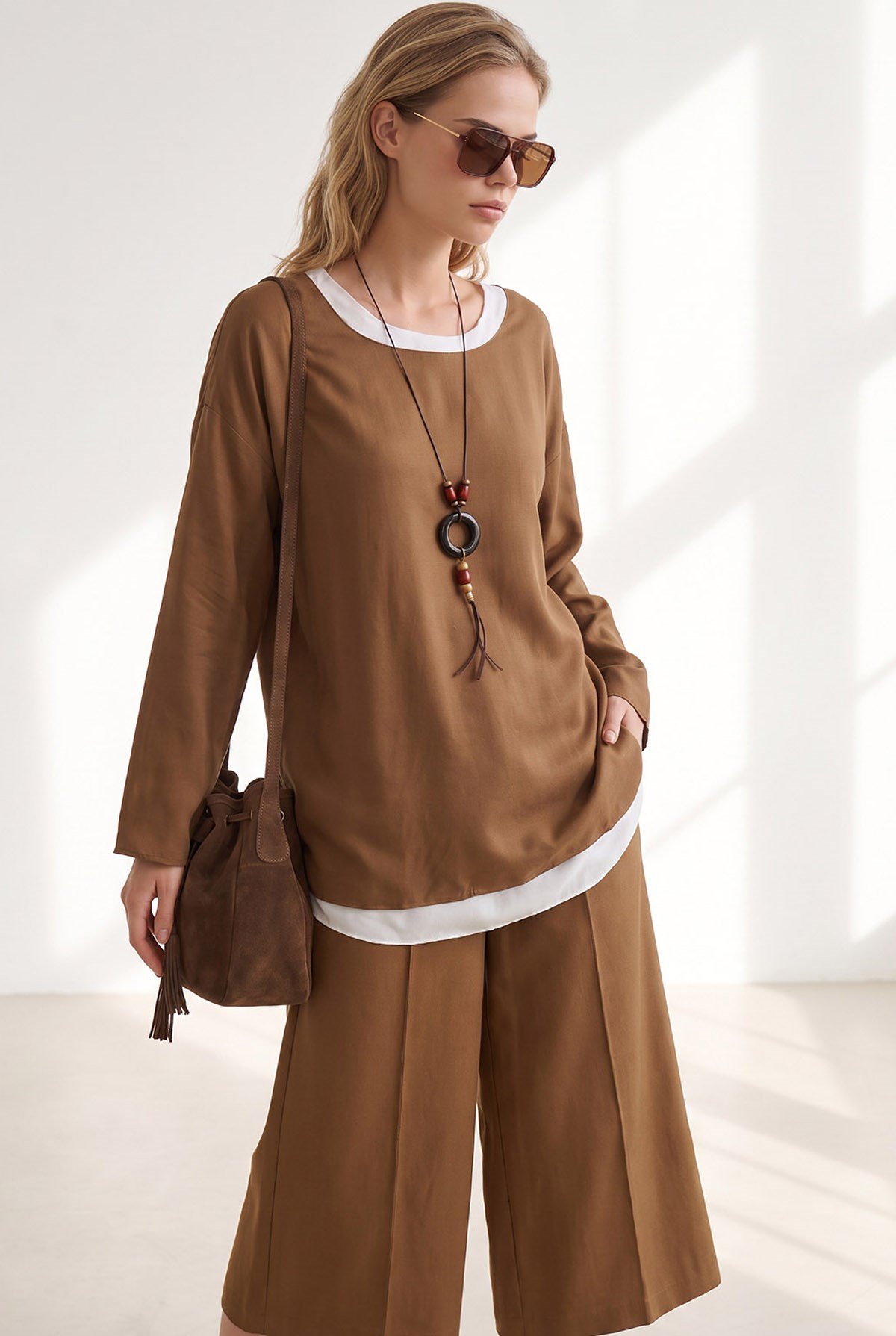 Boho Kolyeli 2 Li Loose Fit Bluz Kahverengi