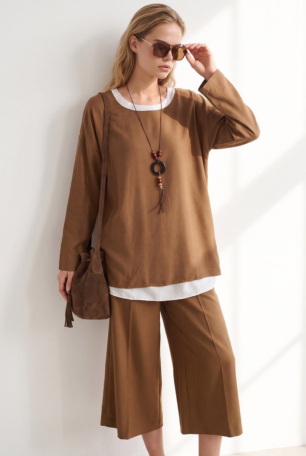 Boho Kolyeli 2 Li Loose Fit Bluz Kahverengi