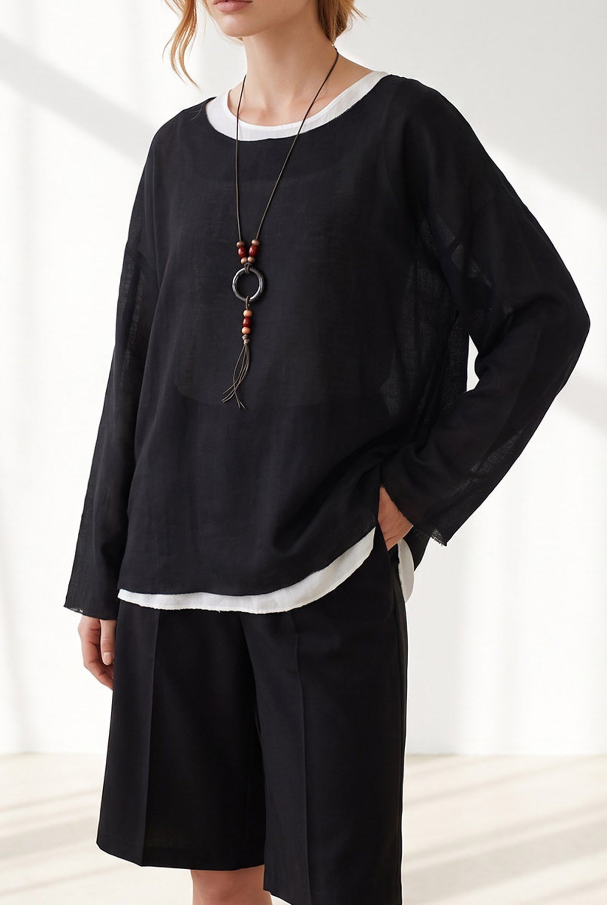 Boho Kolyeli 2 Li Loose Fit Bluz Siyah