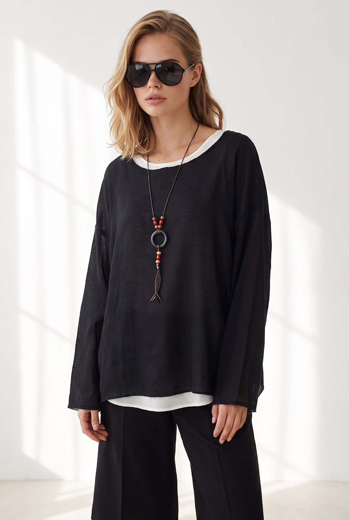Boho Kolyeli 2 Li Loose Fit Bluz Siyah